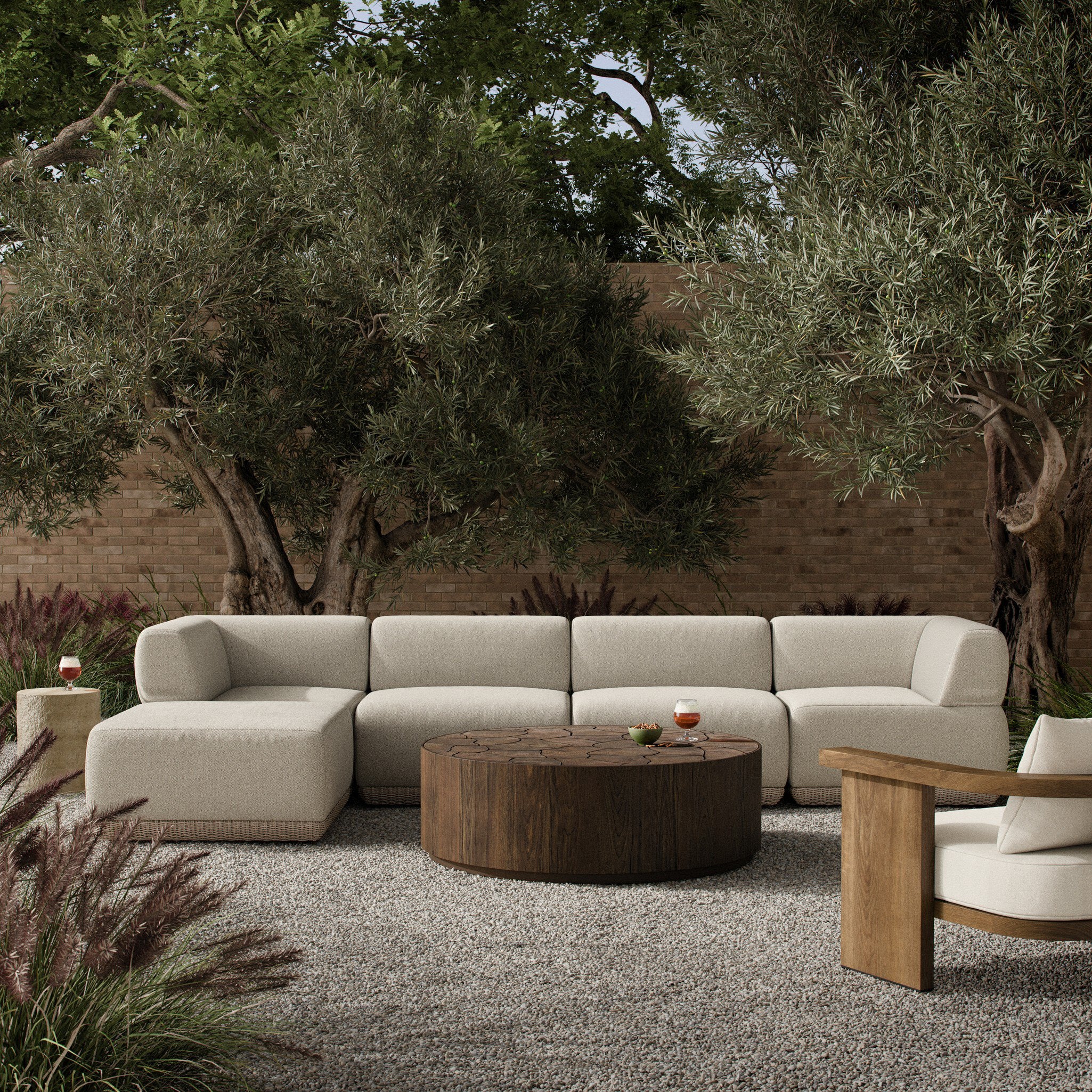 Four Hands Evander Ramiro Ecru 4 Piece Outdoor Sectional Sofa w/Ottoman - styled room setting
