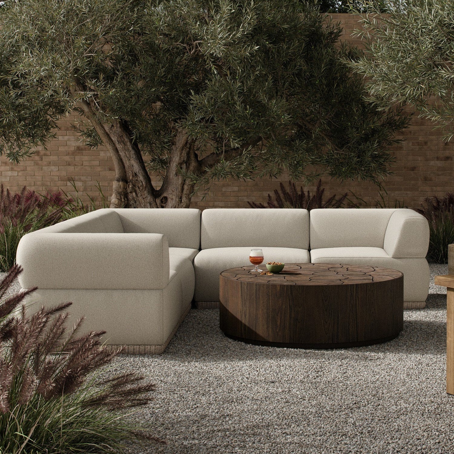 Four Hands Evander Ramiro Ecru 5 Piece Outdoor Sectional Sofa - styled room setting