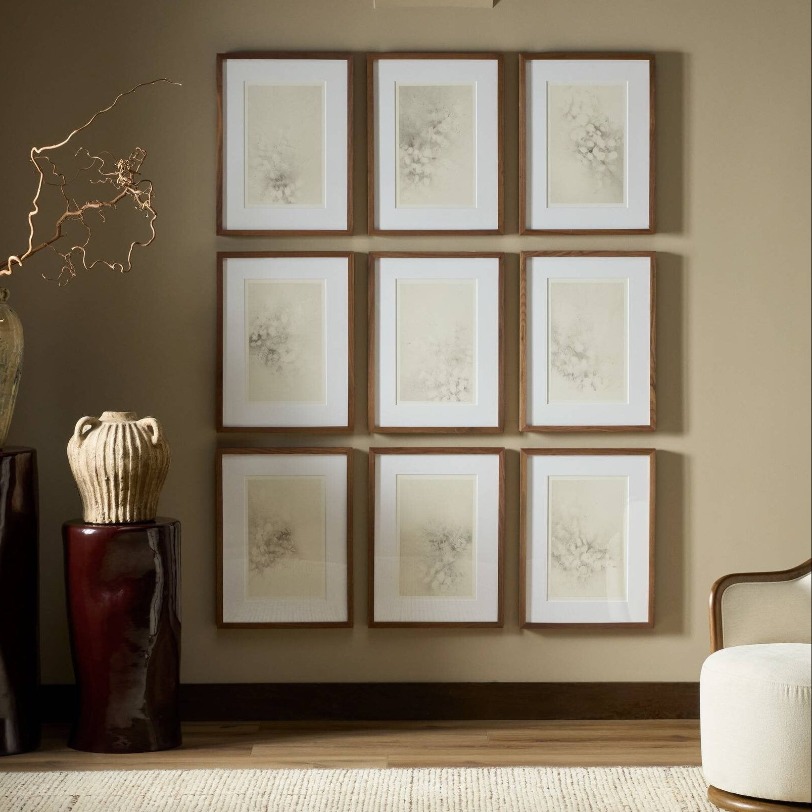 Four Hands x Adrian White Breath Drawing Framed Art Set of 9 in a styled room setting