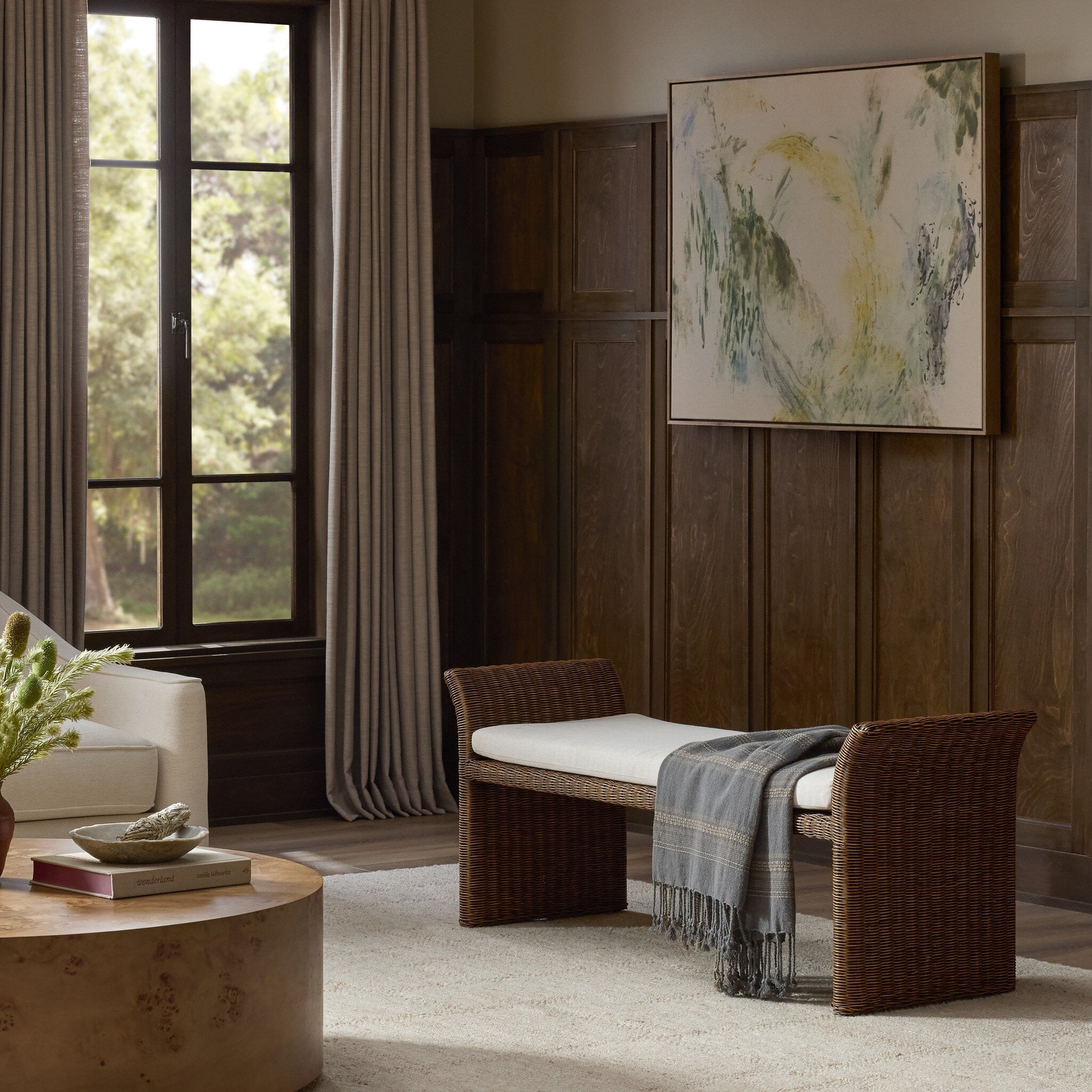 Four Hands Fiora Lynchart Sand Accent Bench - styled room setting