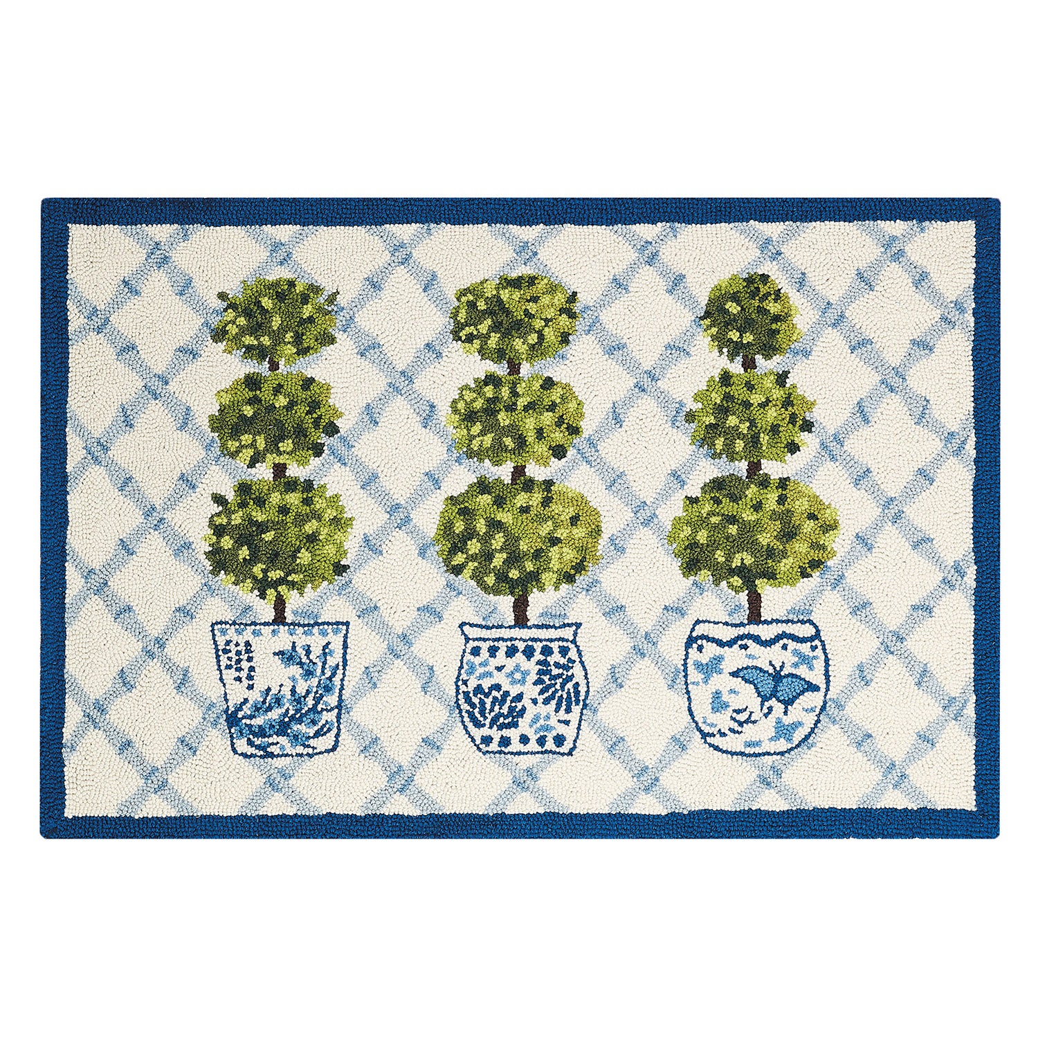 Topiary with Blue Trim Hook Rug