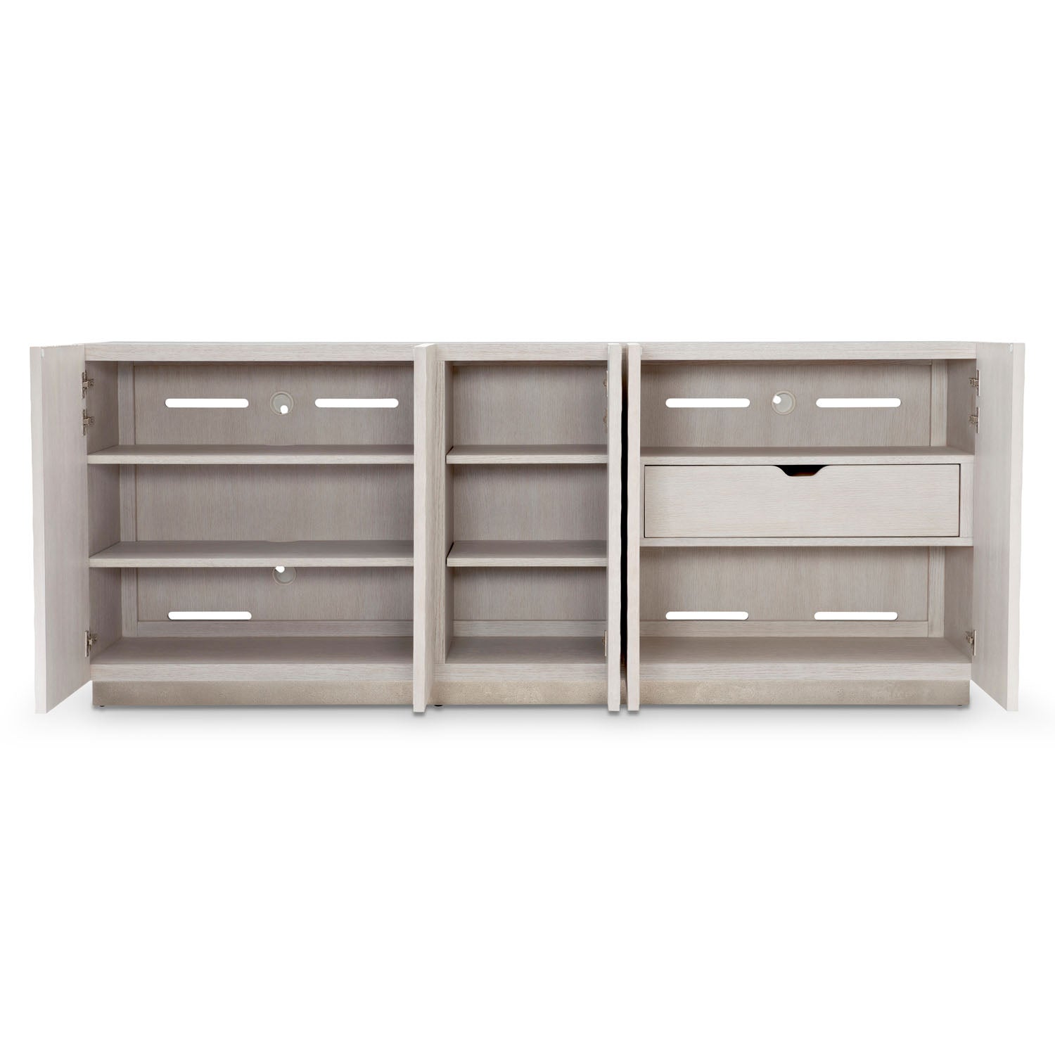 Bernhardt Solaria Entertainment Credenza with 5 Doors in Weathered Bone finish, shown to scale