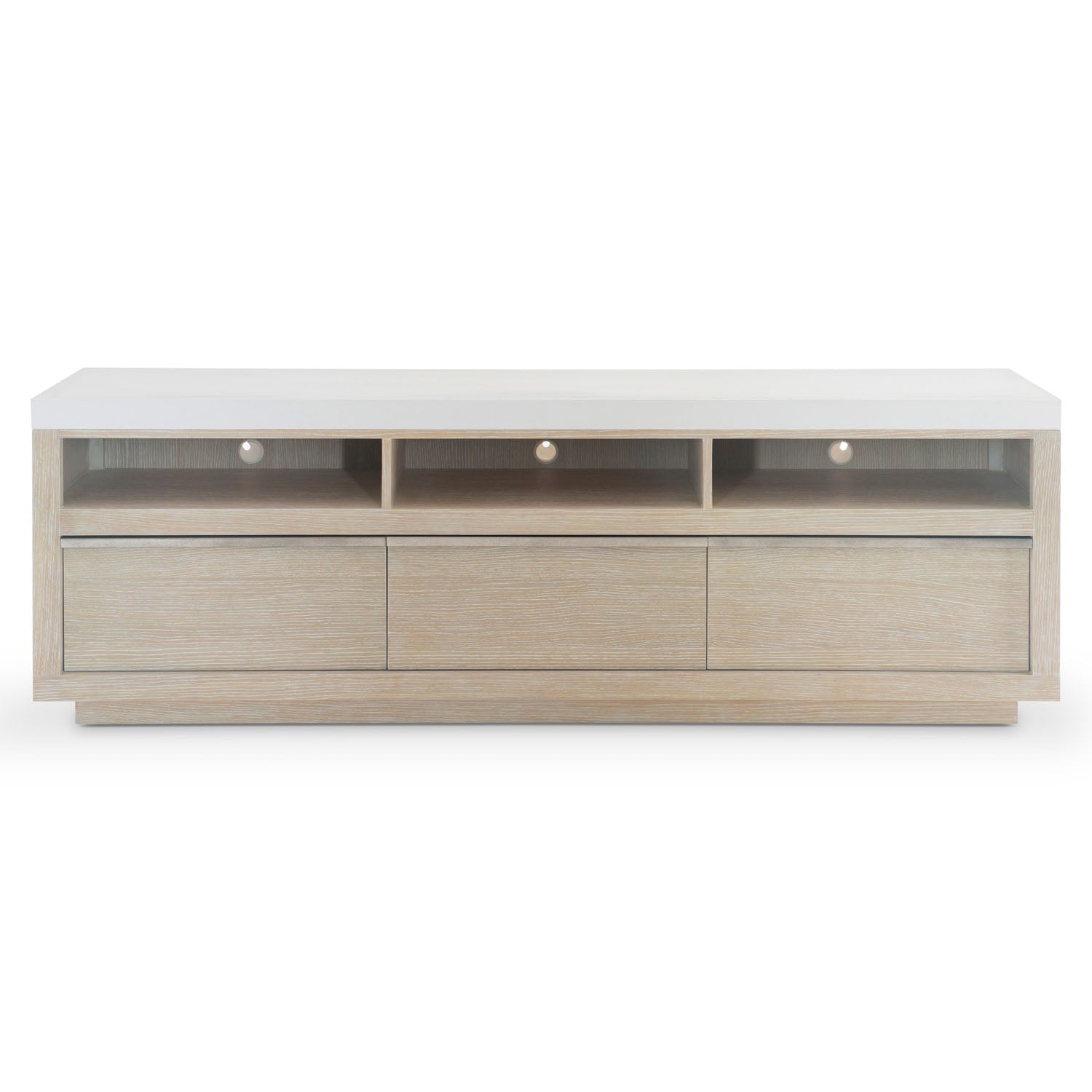 Bernhardt Solaria Entertainment Credenza with 3 Drawers in Fossil finish, side profile