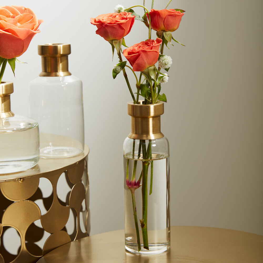 Jimmy Budvase styled setting, clear glass budvase with brass neck