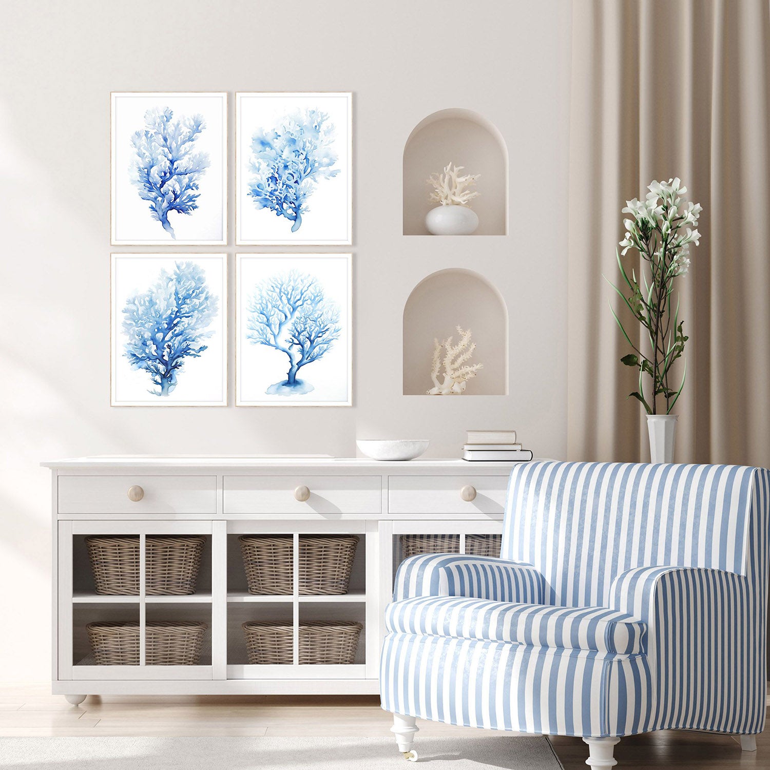 Petal Prints Indigo Coral Framed Art Set of 4