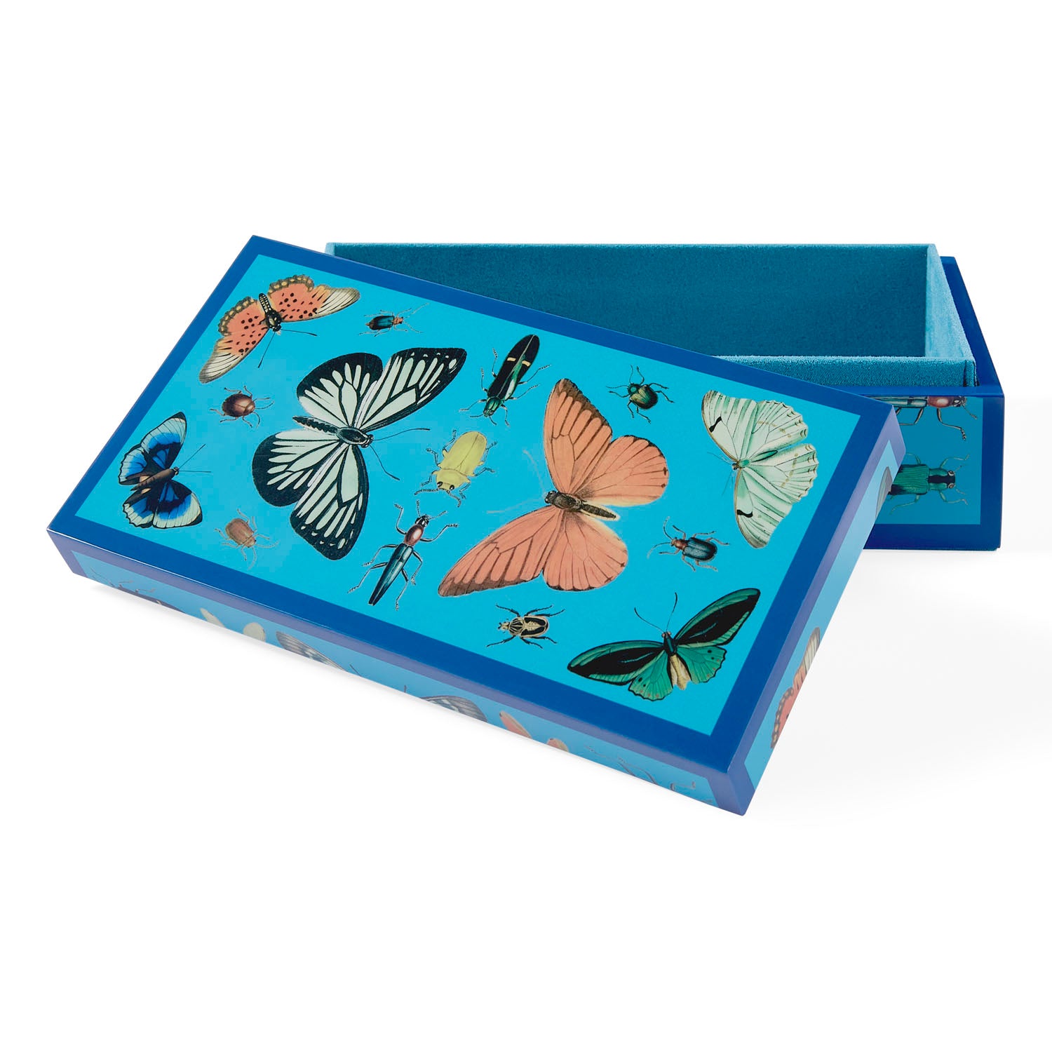 Overhead view of Jonathan Adler Botanist Lacquer Box in peacock blue with navy trim