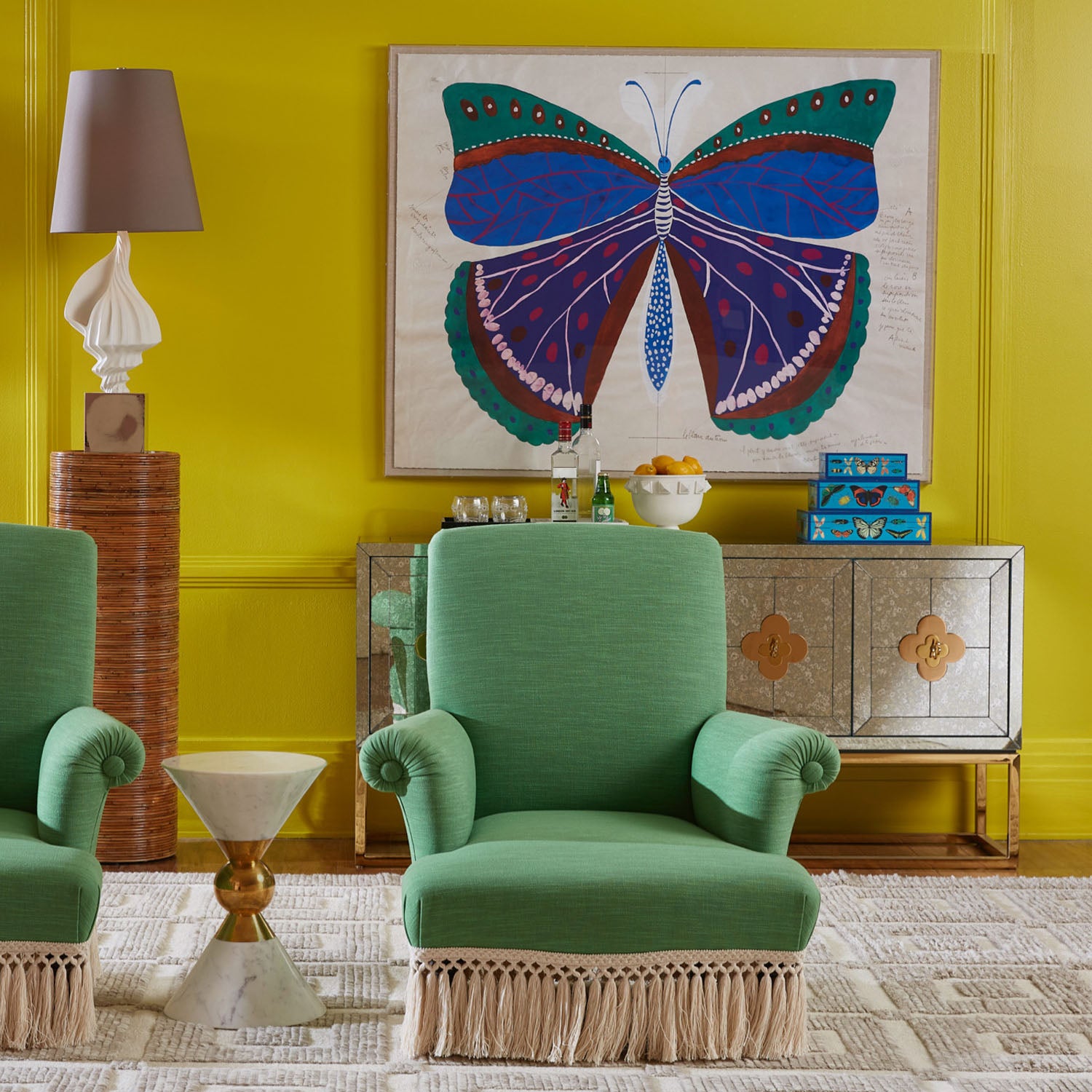 Jonathan Adler Botanist Lacquer Box in peacock blue with navy trim shown to scale in a styled setting