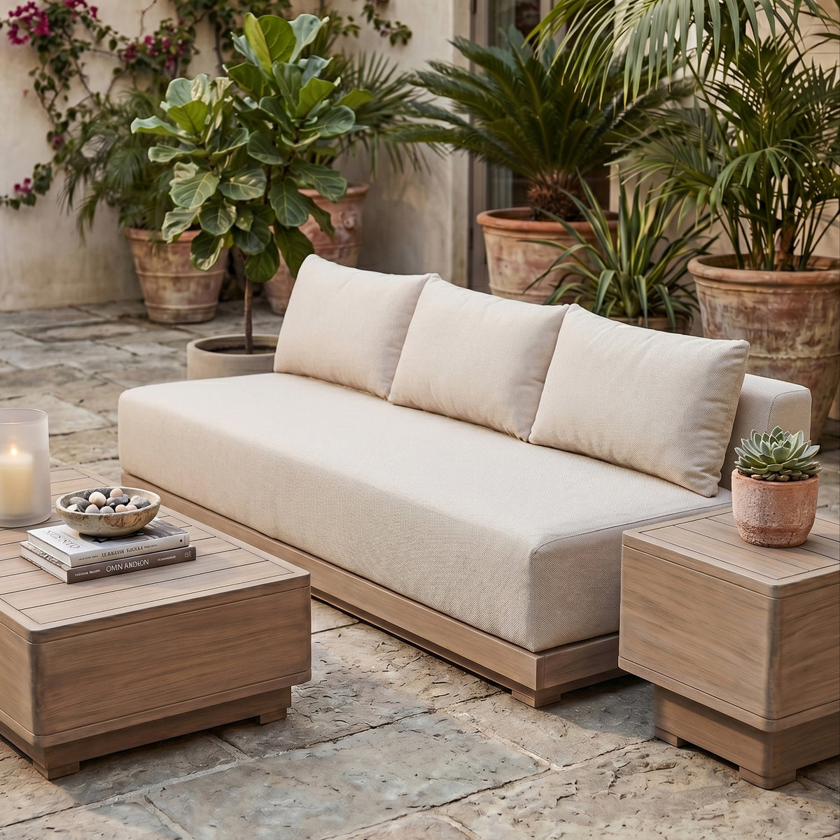 Solace 77in Beige Olefin Performance Fabric Outdoor Patio Modular Sofa