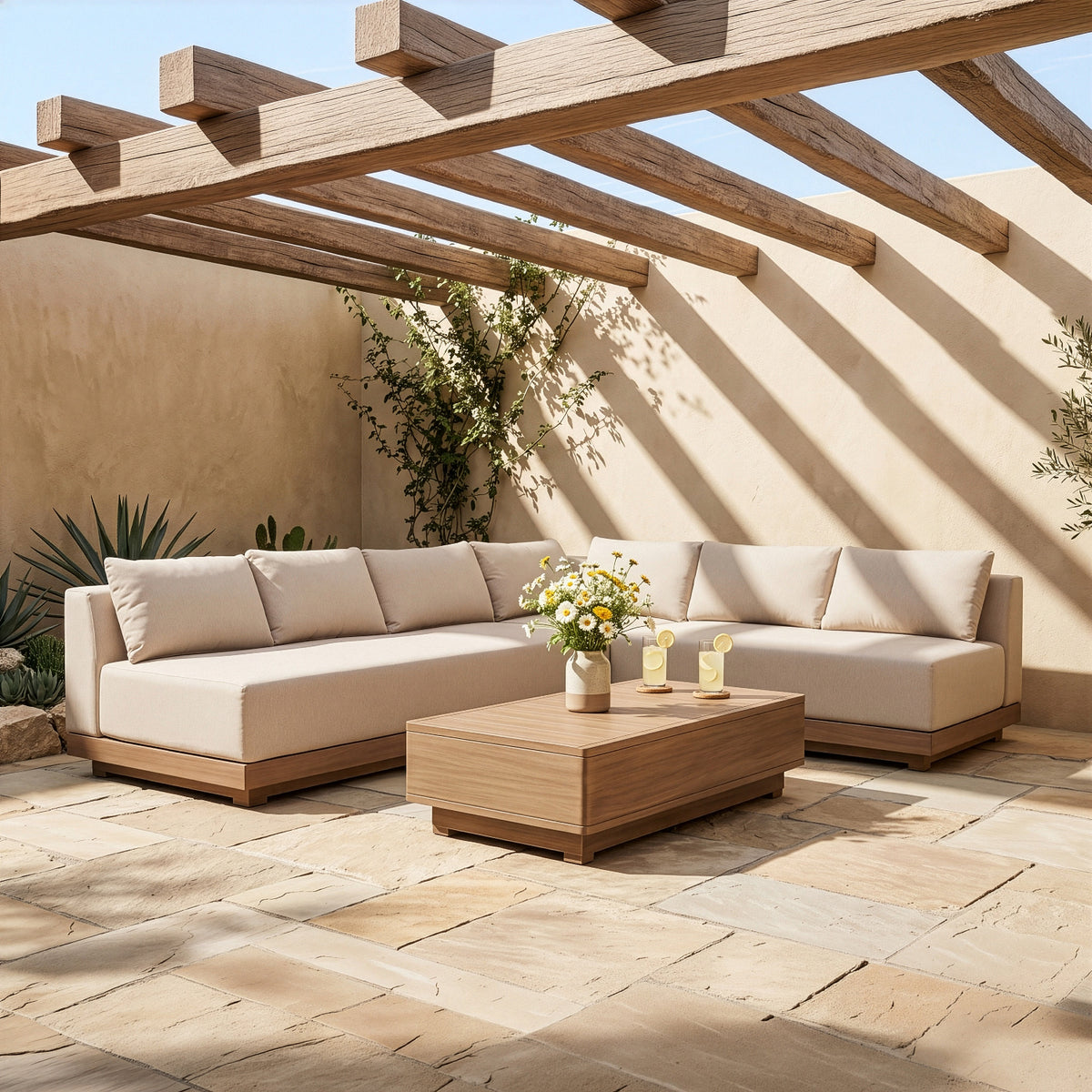 Solace Beige Olefin Performance Fabric 3 Piece Outdoor Patio Modular Sectional Sofa