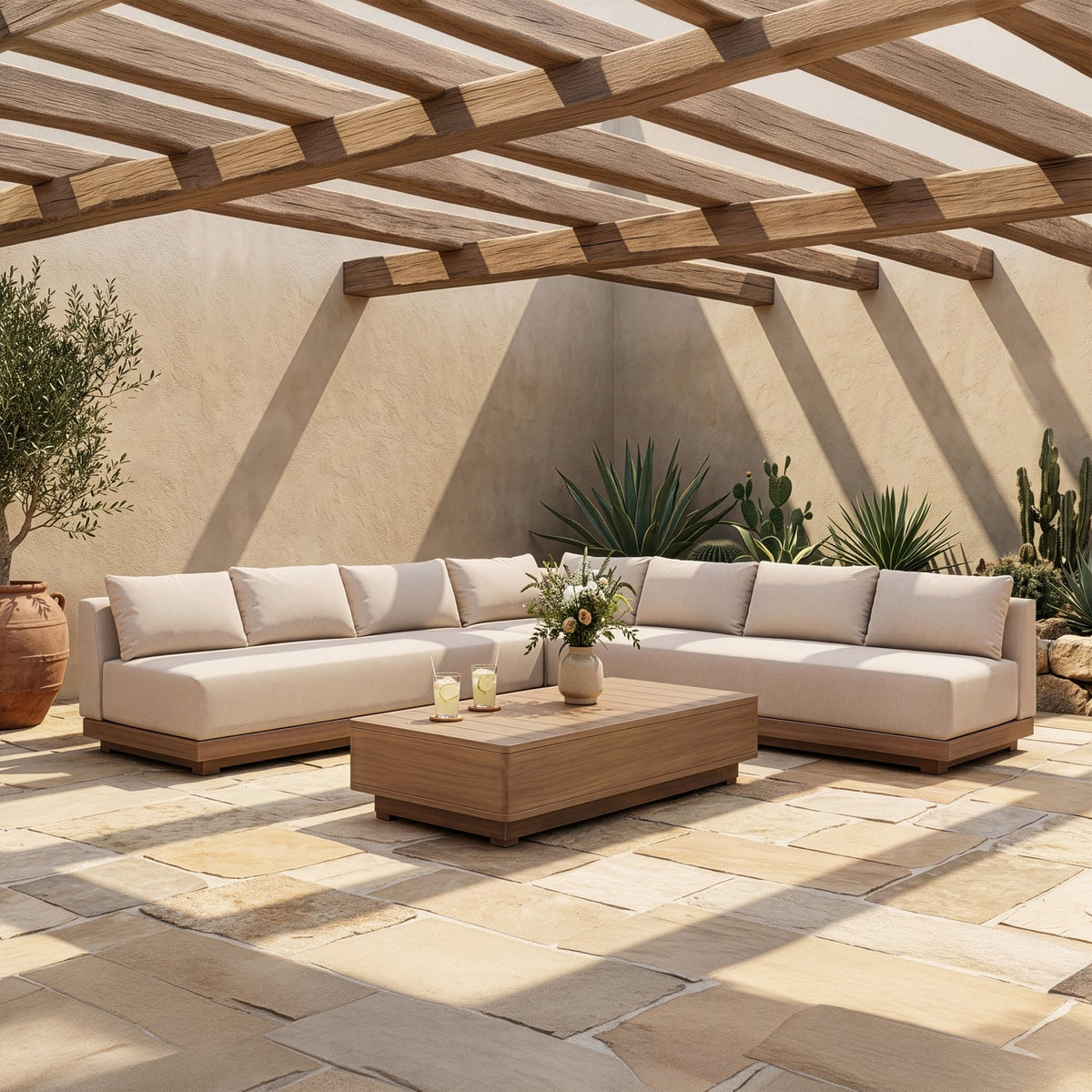 Solace Beige Olefin Performance Fabric 3 Piece Outdoor Patio Modular Sectional Sofa