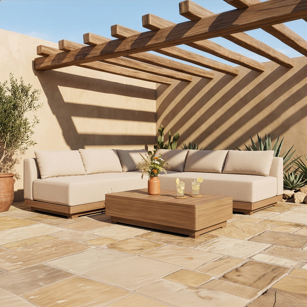 Solace Beige Olefin Performance Fabric 3 Piece Outdoor Patio Modular Sectional Sofa