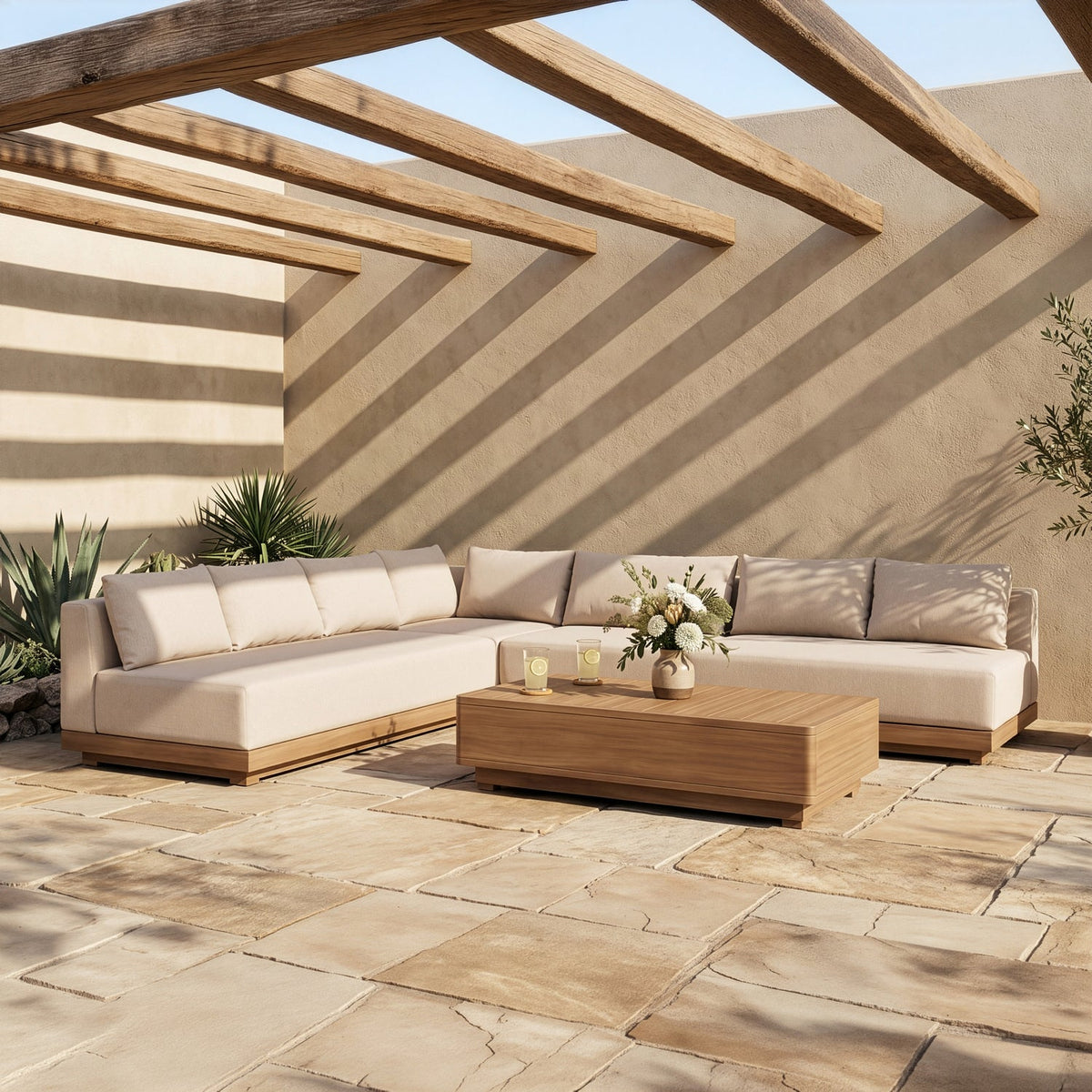 Solace Beige Olefin Performance Fabric 4 Piece Outdoor Patio Modular Sectional Sofa