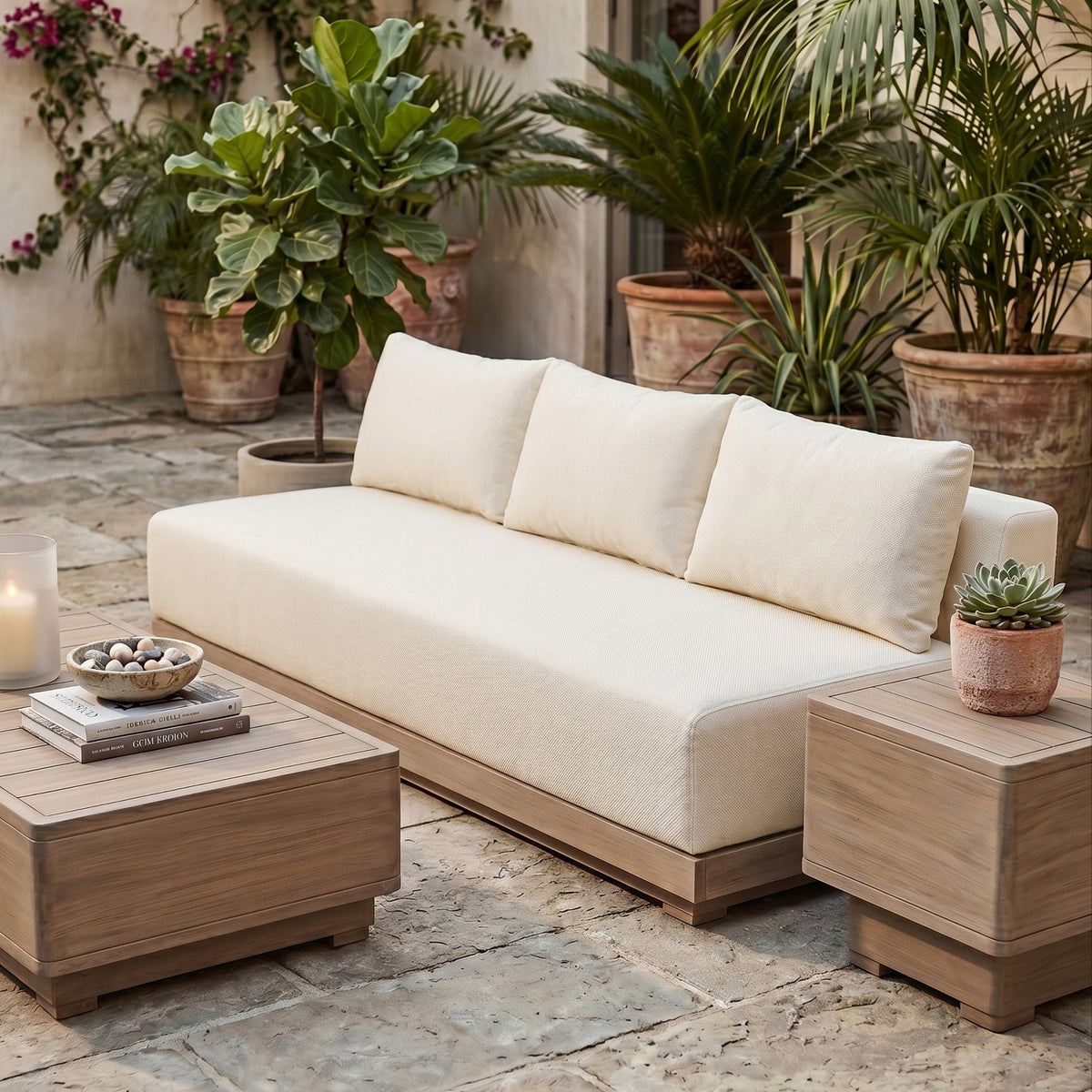 Solace 77in Cream Olefin Performance Fabric Outdoor Patio Modular Sofa
