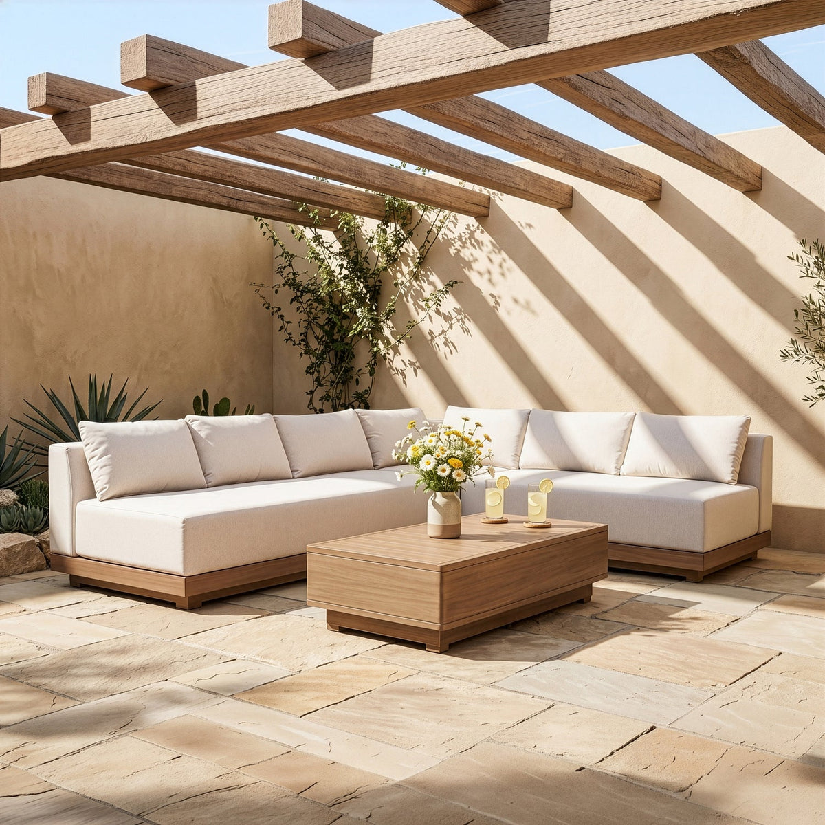 Solace Cream Olefin Performance Fabric 3 Piece Outdoor Patio Modular Sectional Sofa