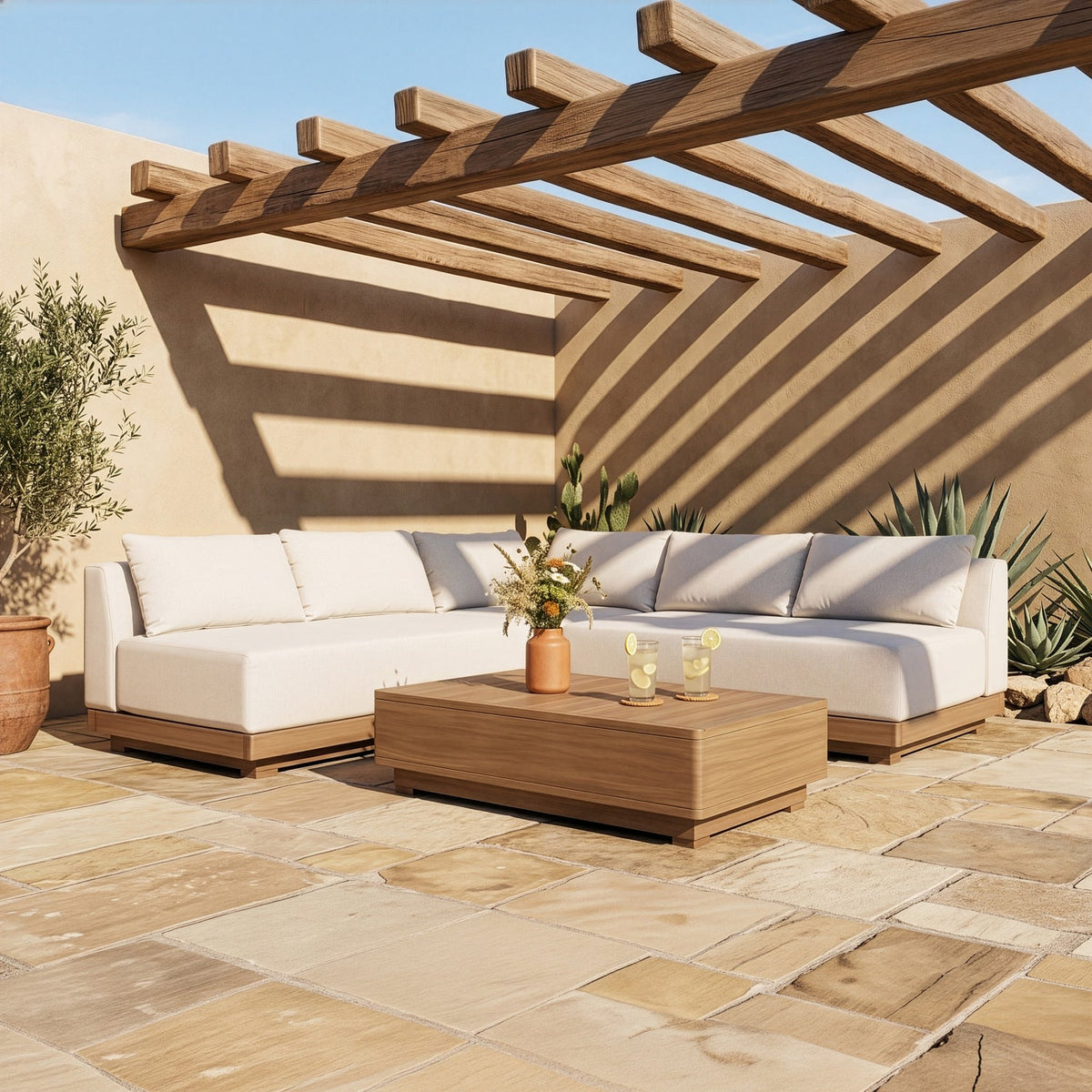 Solace Cream Olefin Performance Fabric 3 Piece Outdoor Patio Modular Sectional Sofa