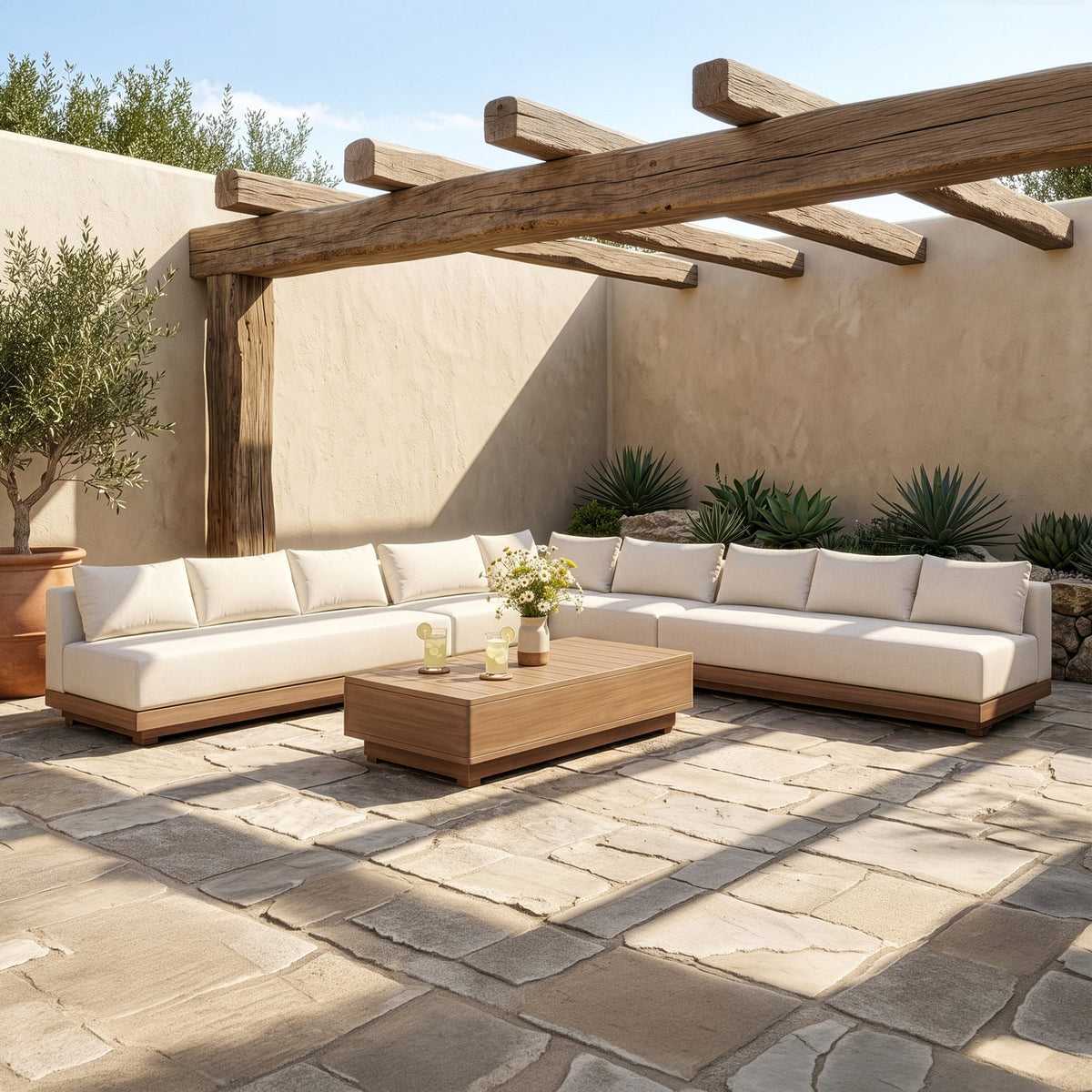 Solace Cream Olefin Performance Fabric 5 Piece Outdoor Patio Modular Sectional Sofa