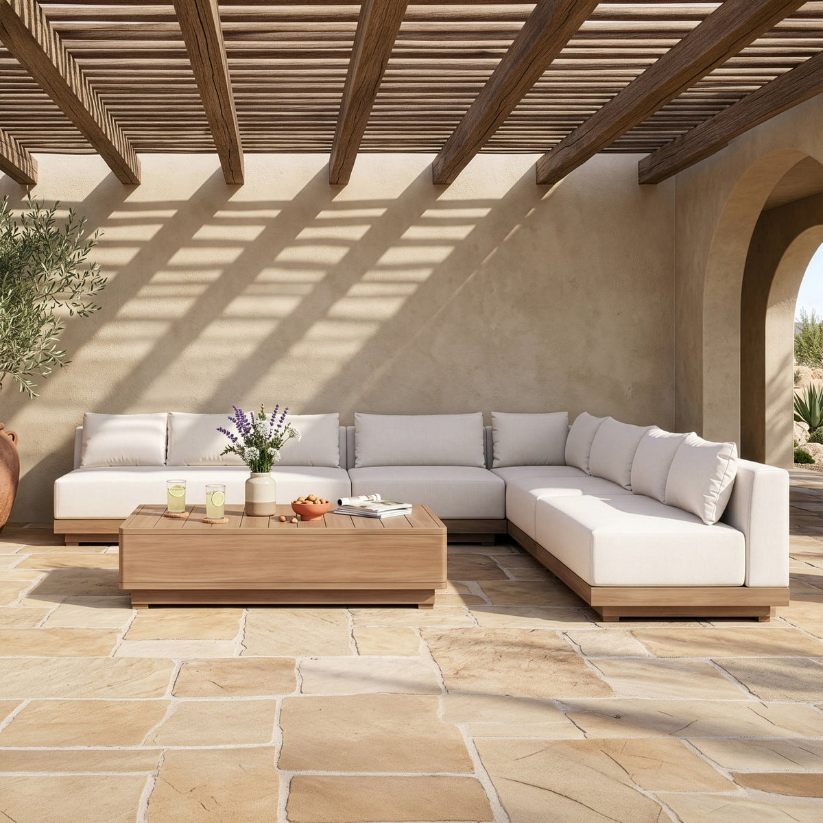 Solace Cream Olefin Performance Fabric 5 Piece Outdoor Patio Modular Sectional Sofa