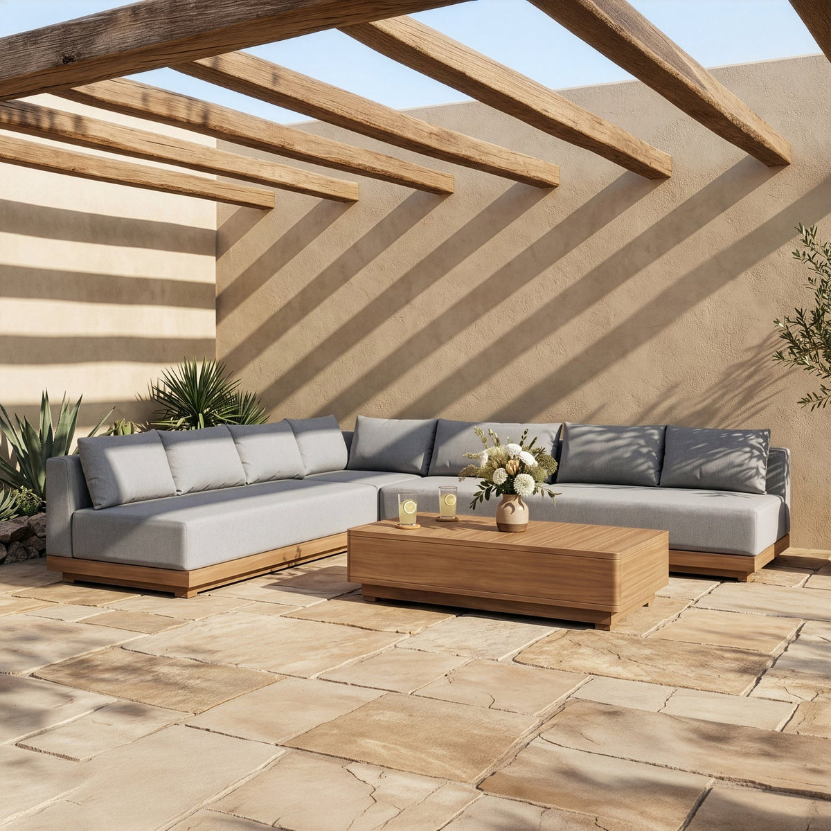 Solace Grey Olefin Performance Fabric 4 Piece Outdoor Patio Modular Sectional Sofa