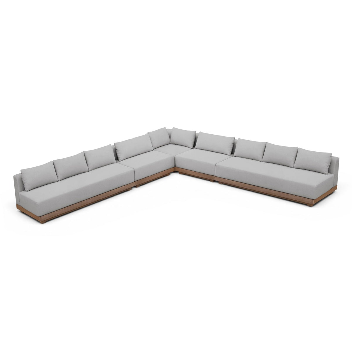 Solace Grey Olefin Performance Fabric 5pc. Outdoor Patio Modular Sectional in an acacia wood frame, primary product view