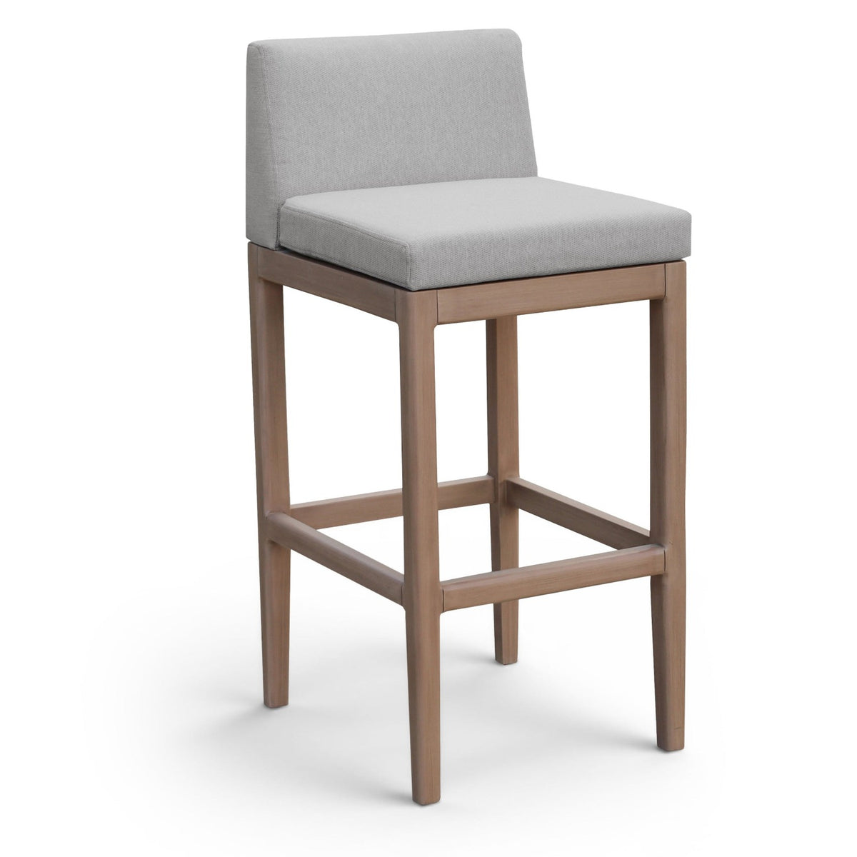 Solace Grey Olefin Performance Fabric Outdoor Patio Bar Stool in acacia wood, primary product view