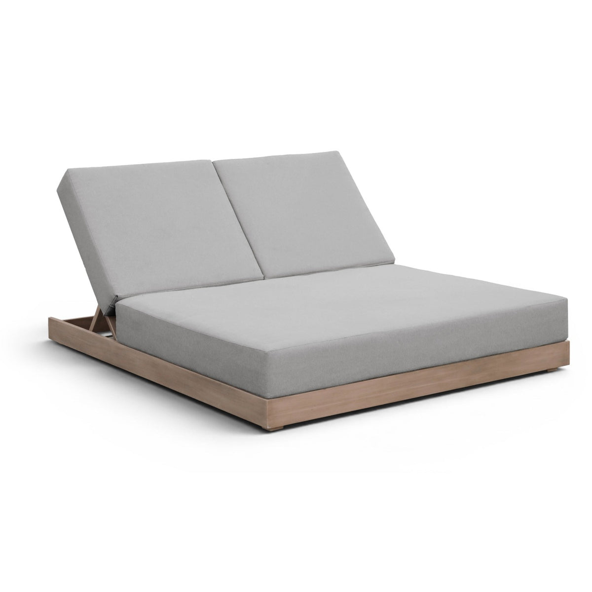 Solace Grey Olefin Performance Fabric Outdoor Patio Double Lounge Chair in acacia wood, primary product view