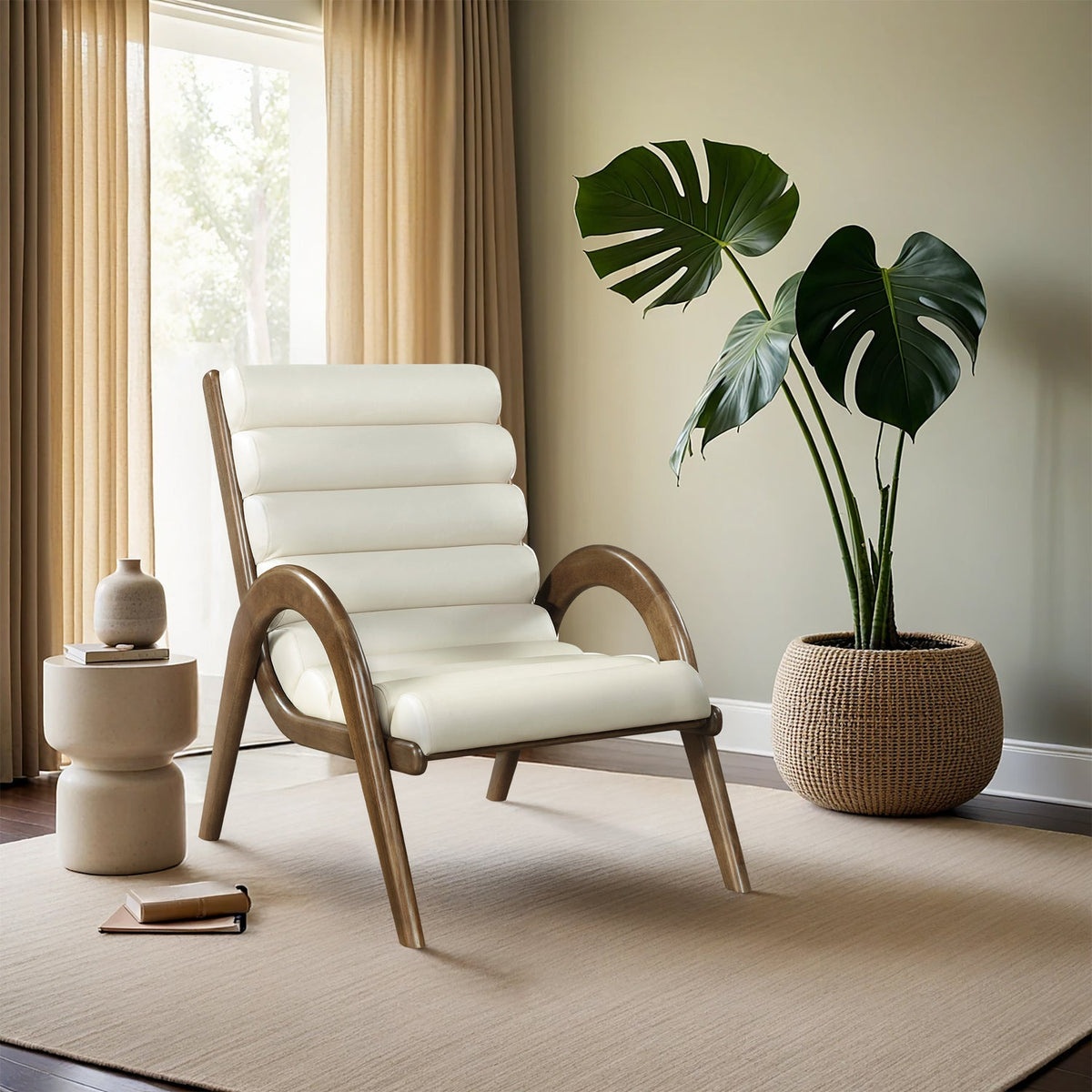 Randal Accent Chair in cream vegan leather with brown walnut wood frame, primary product view