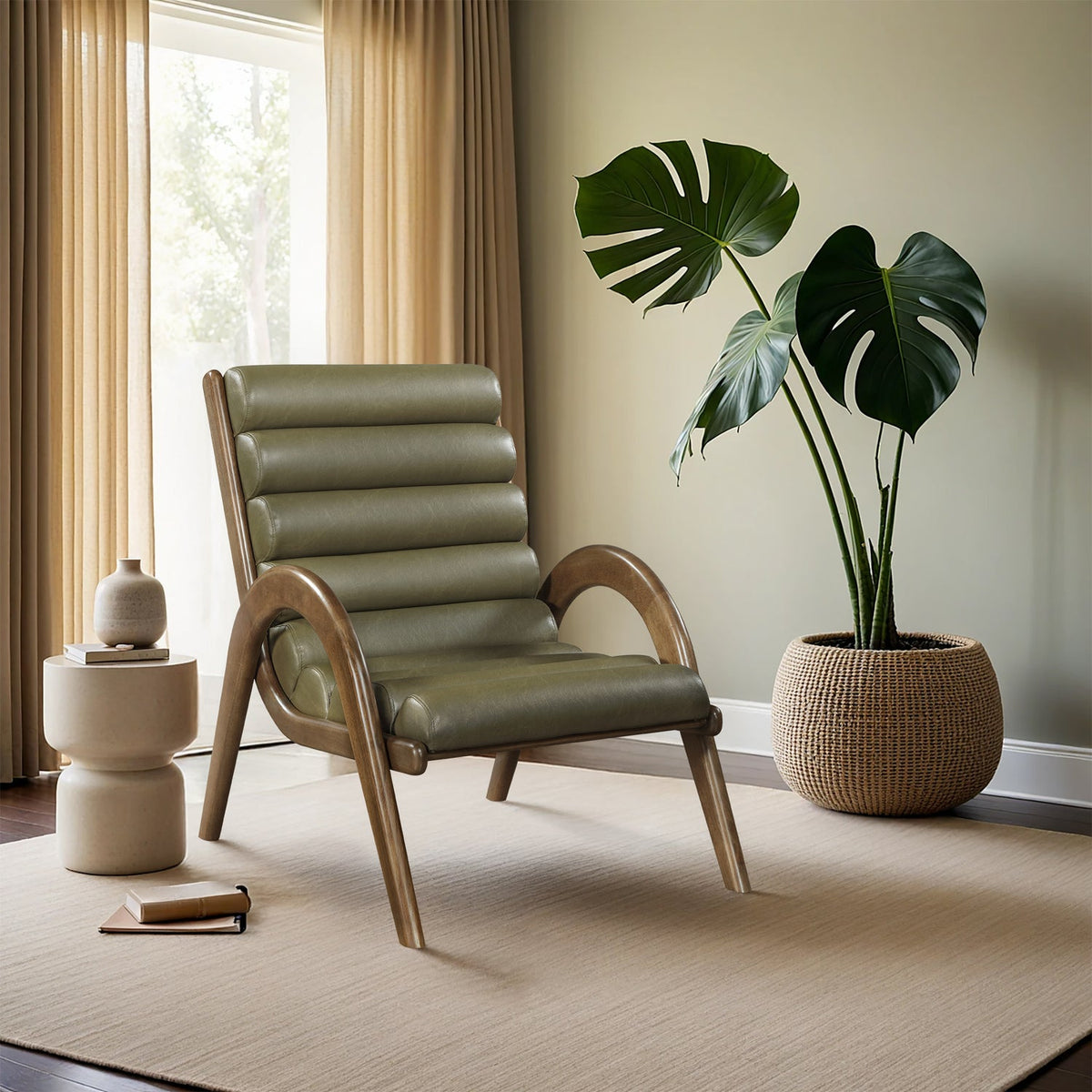 Randal Accent Chair in olive green vegan leather with brown walnut wood frame, primary product view