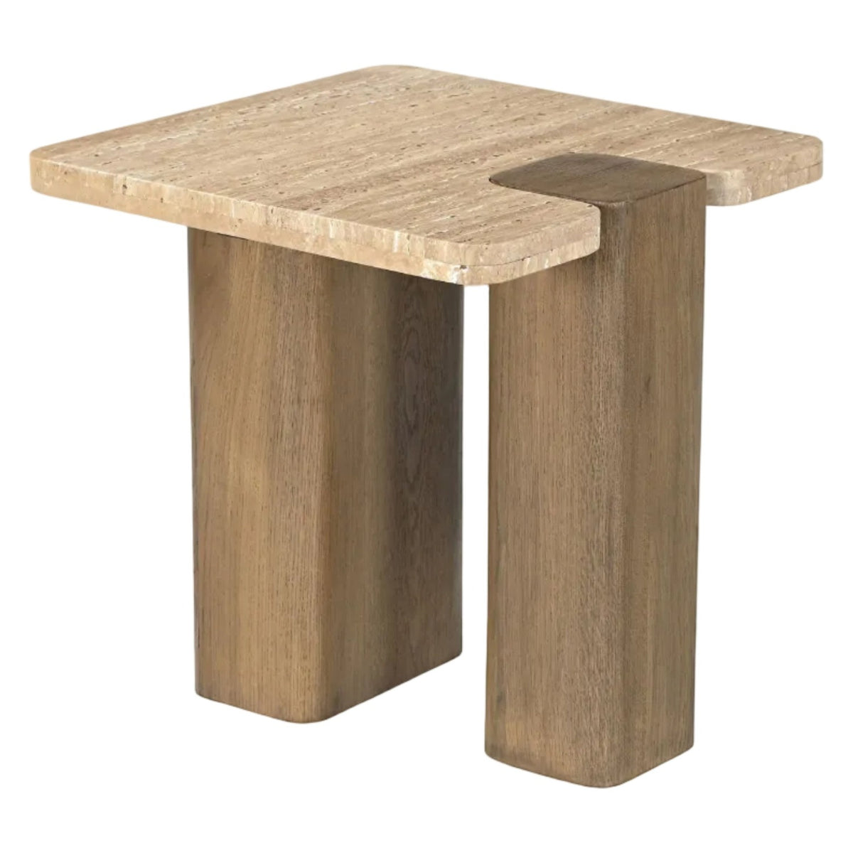 Ravenna Natural Genuine Travertine and Oak Wood End / Side Table in travertine on brown walnut oak base, primary product view
