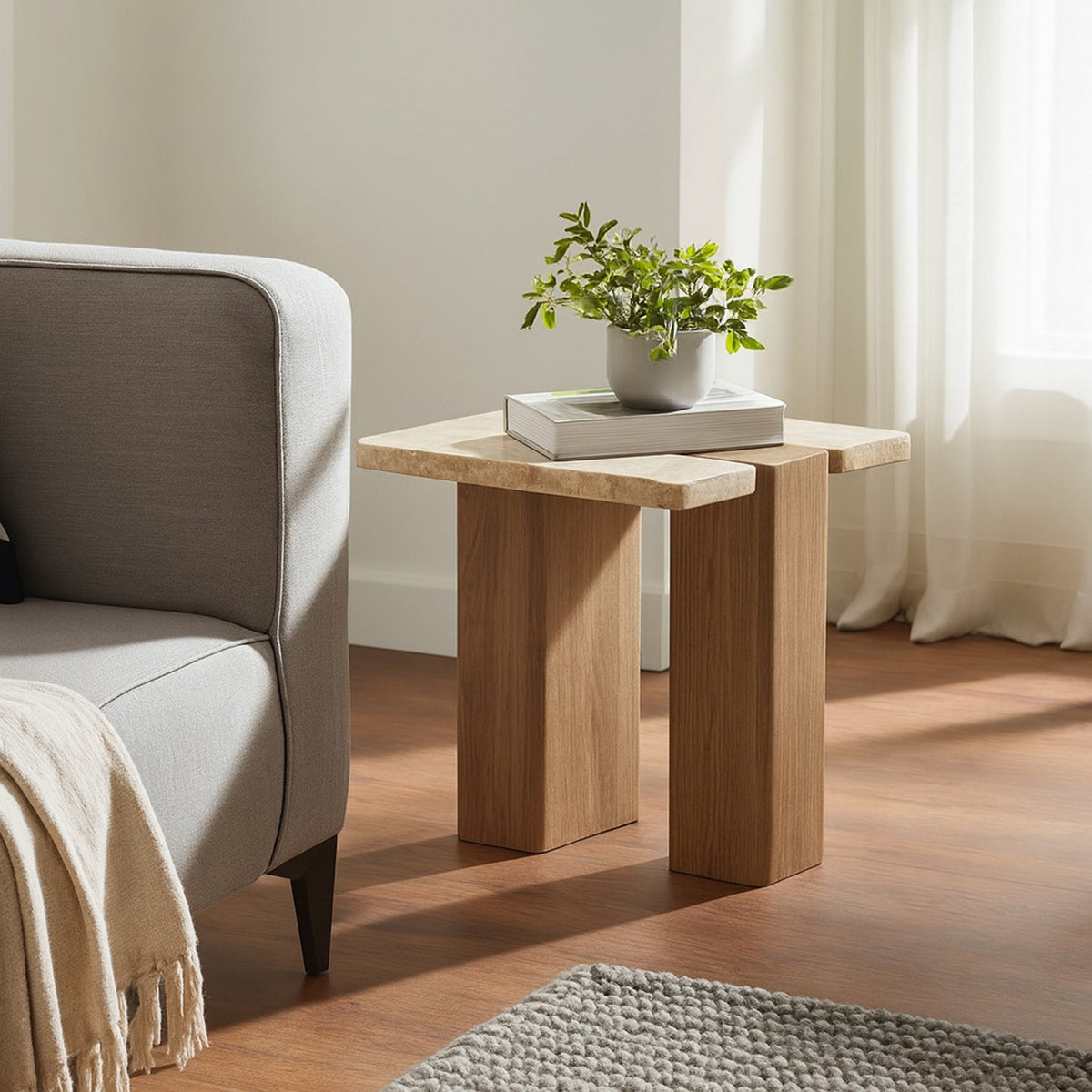 Ravenna Natural Genuine Travertine and Oak Wood End Side Table Set of 2