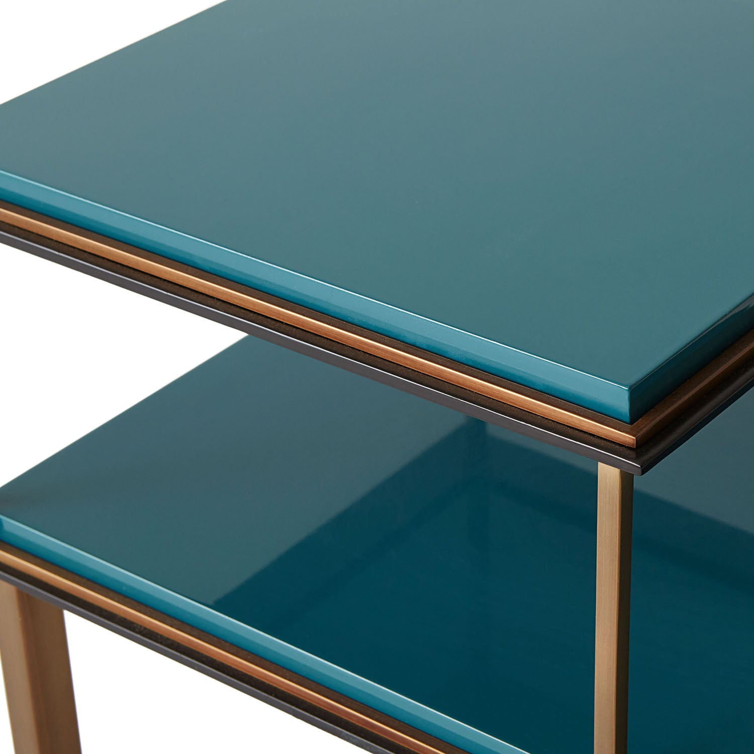 Jonathan Adler The Rider telephone table in teal lacquer with antique brass frame shown to scale
