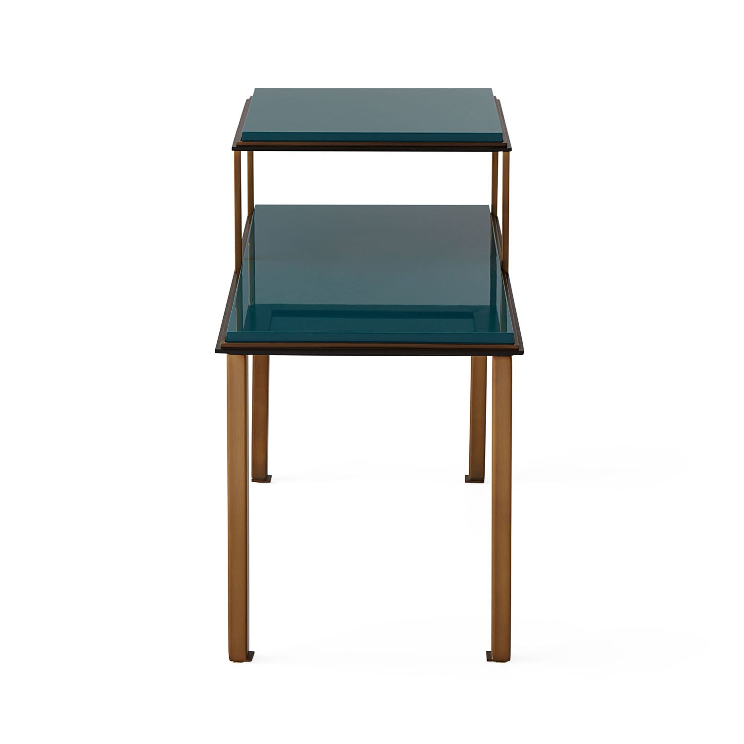 Jonathan Adler The Rider telephone table in teal lacquer with antique brass frame styled in a room