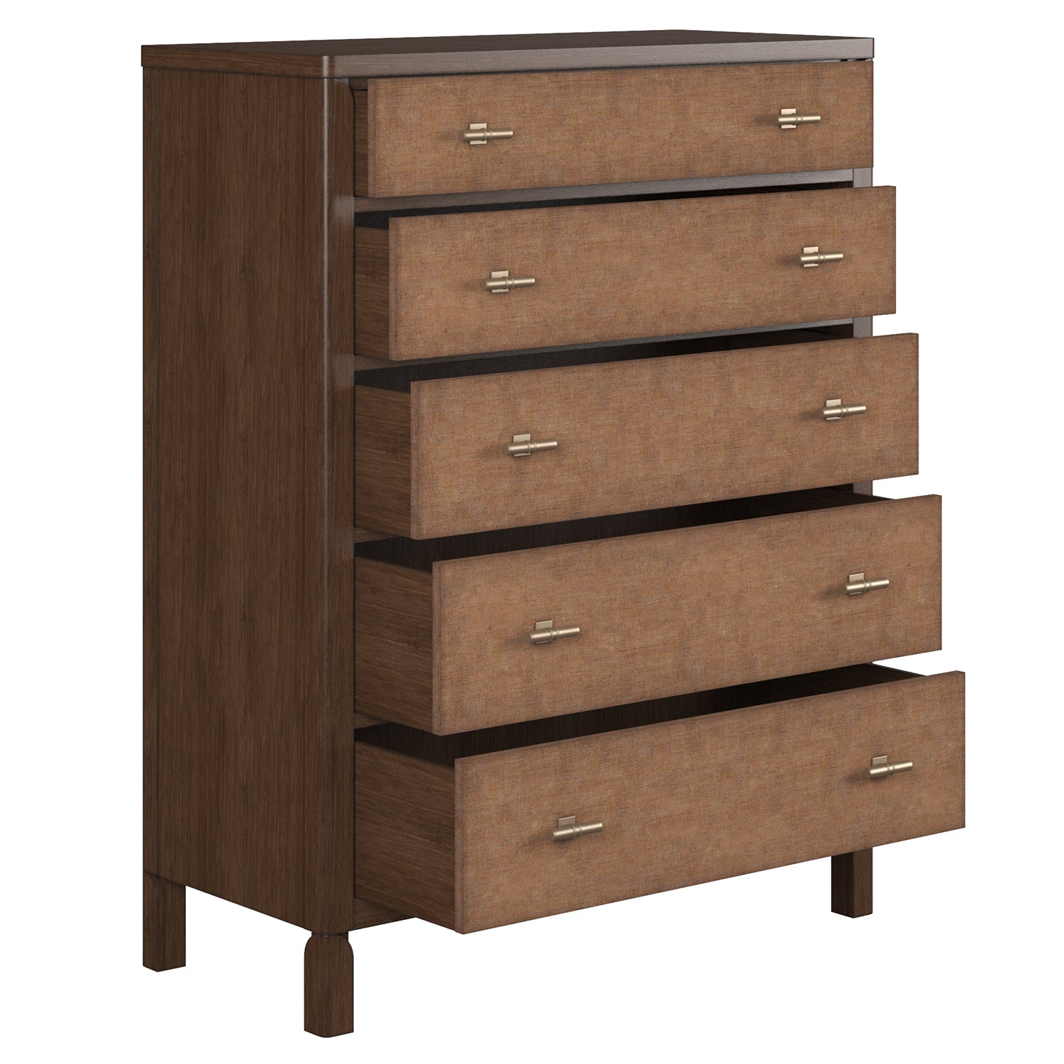 Verge 5 Drawer Chest in Handcrafted Walnut, styled in a room setting
