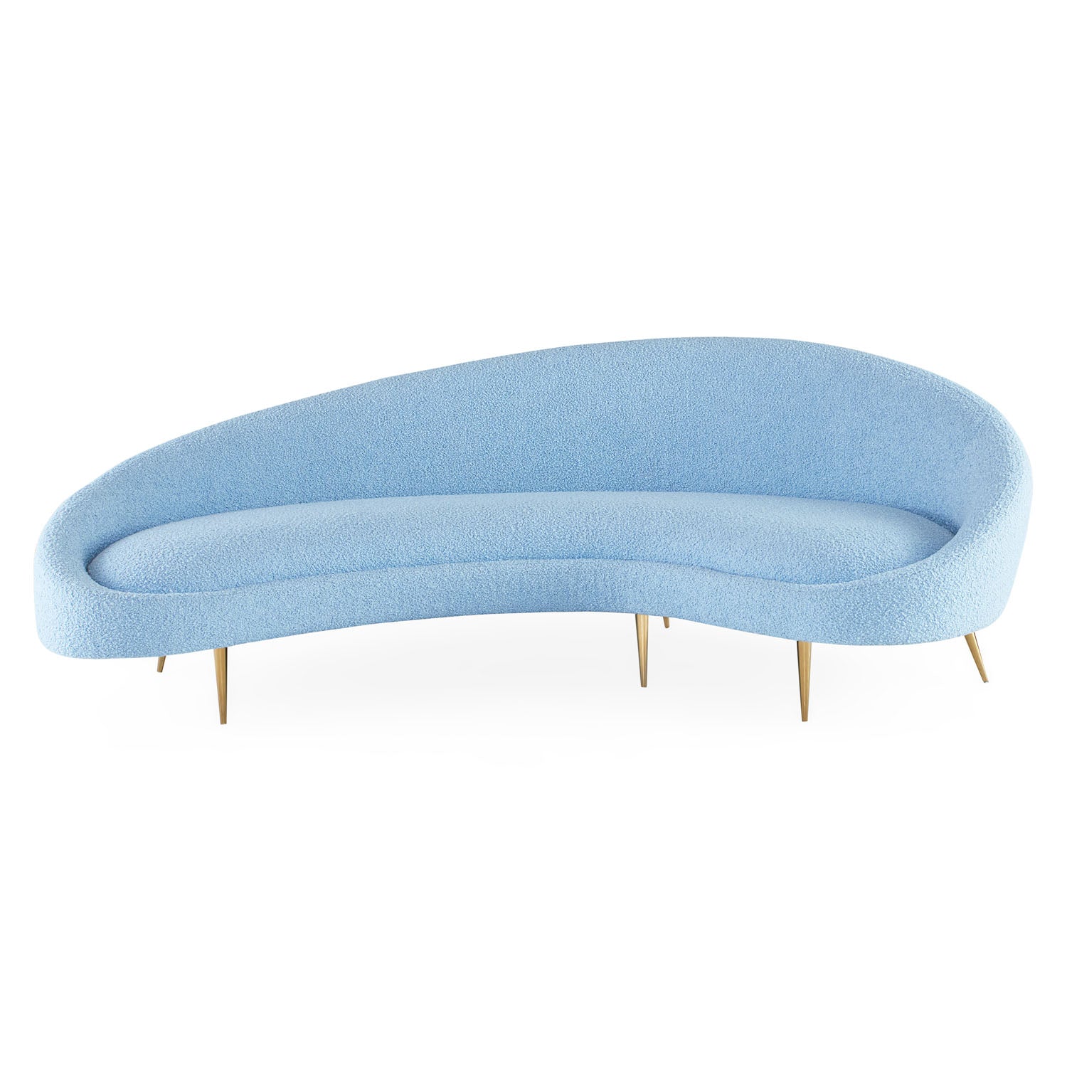 Jonathan Adler Ether Curved Sofa in Cirrus Sky bouclé on brass legs styled in a room