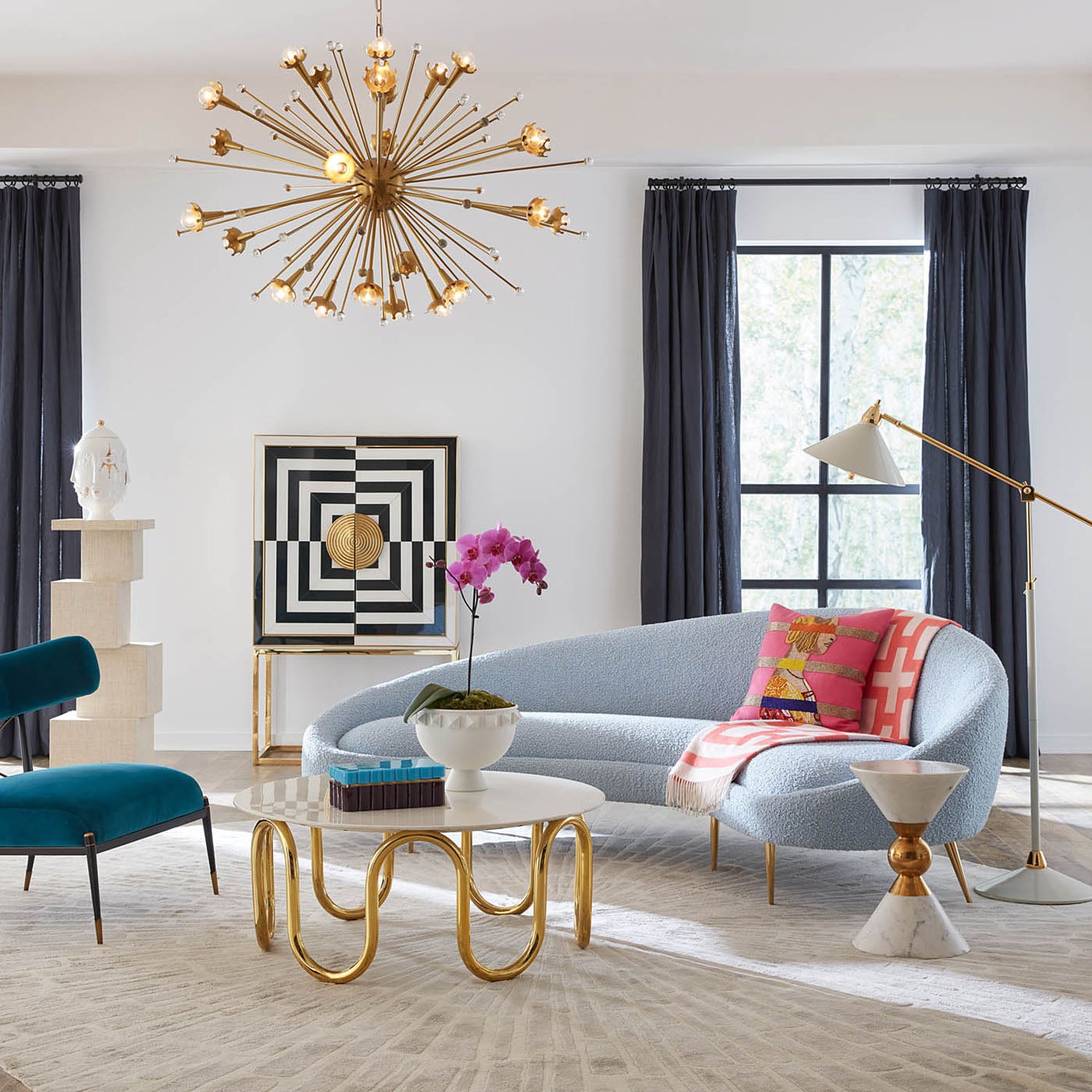 Jonathan Adler Ether Cirrus Sky 94in Curved Sofa