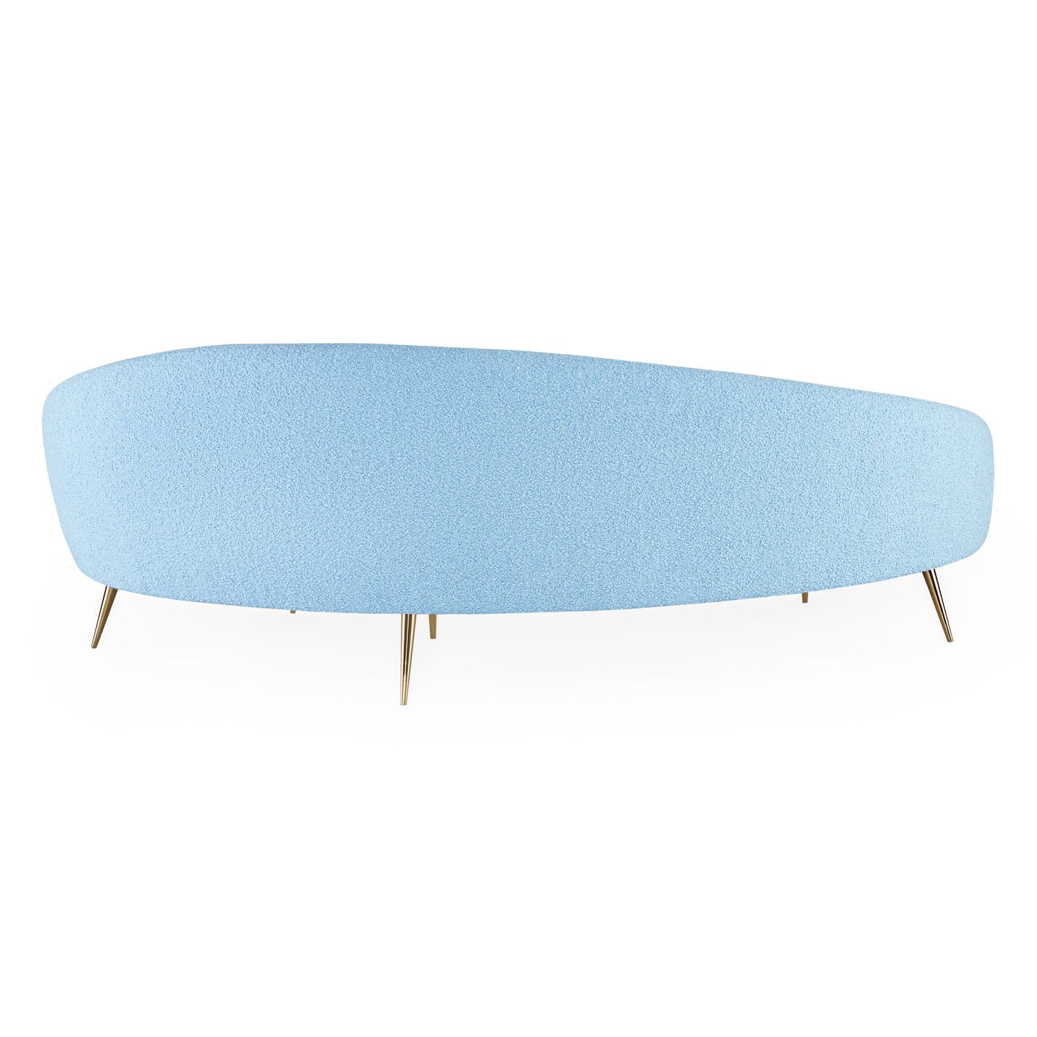 Side profile of Jonathan Adler Ether Curved Sofa in Cirrus Sky bouclé on brass legs