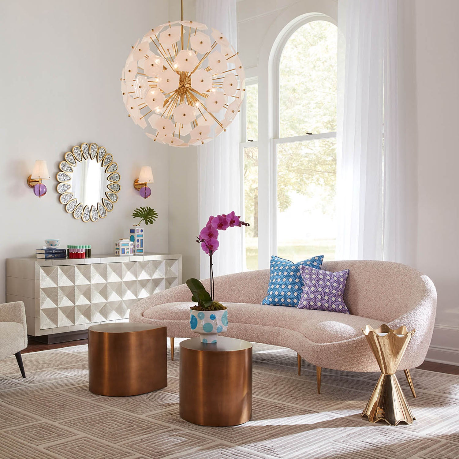 Jonathan Adler Ether Cirrus Blush 94in Curved Sofa