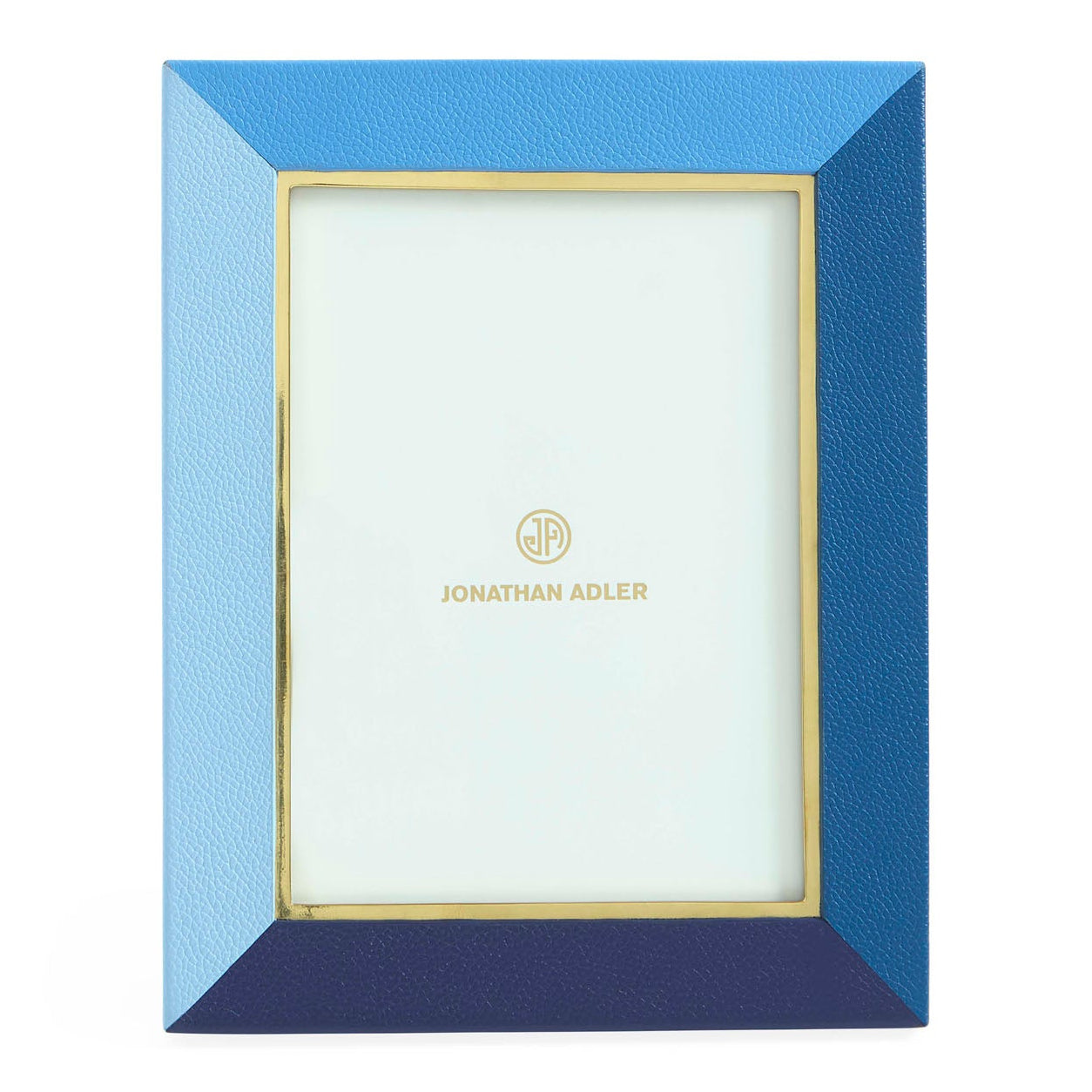 Jonathan Adler Perimeter frame, detail of pieced blue leather