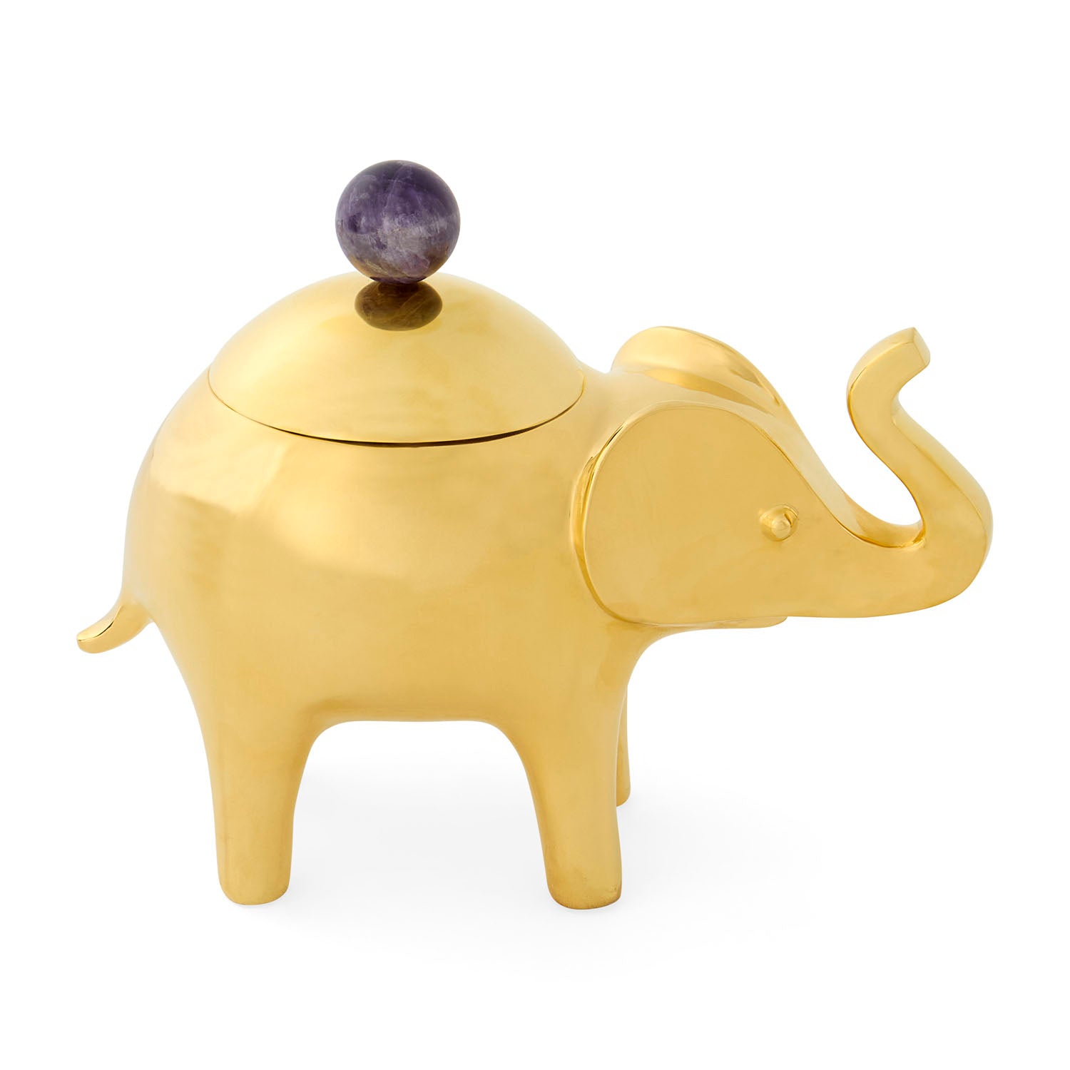 Jonathan Adler Brass Elephant Box in solid brass with amethyst handle styled in a room