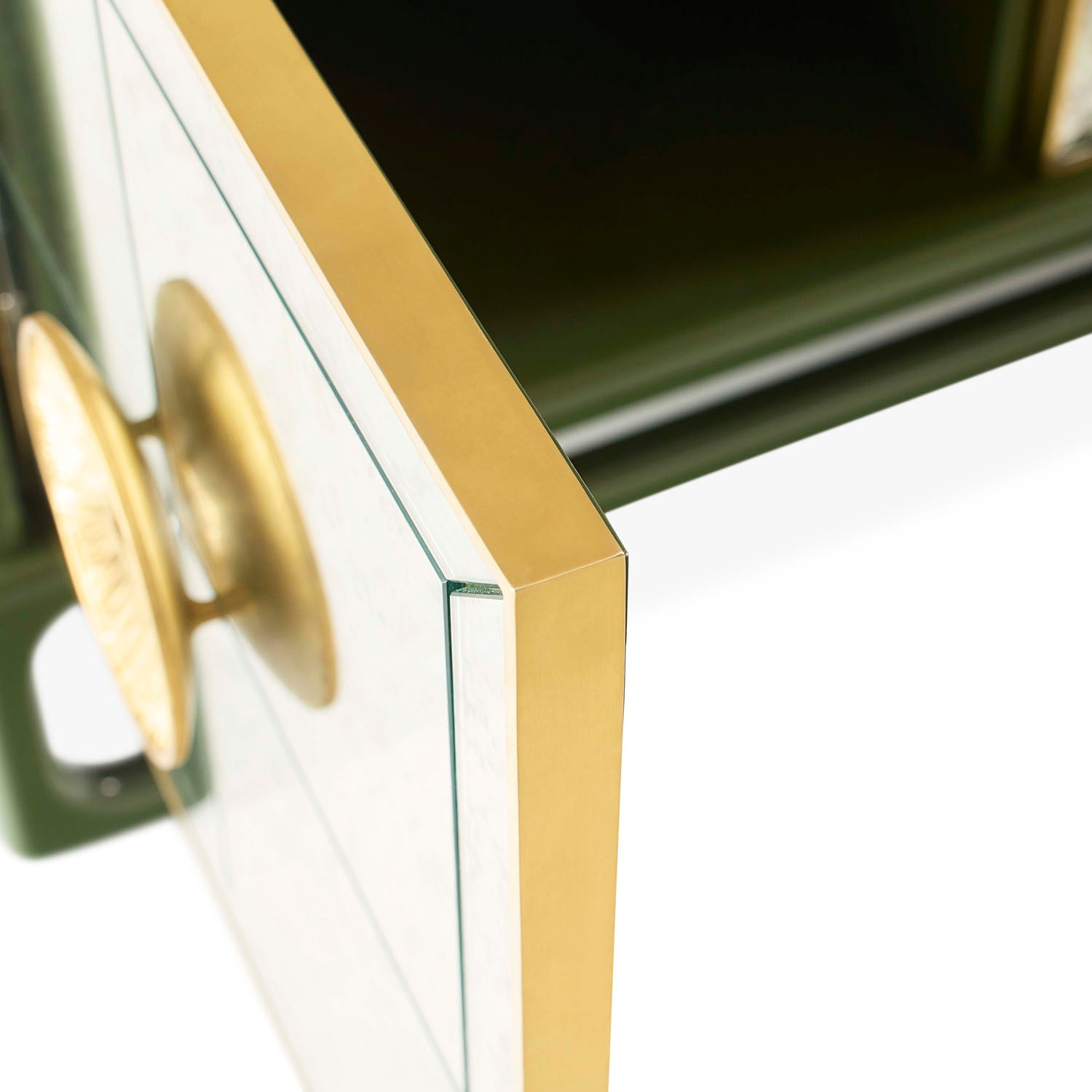 Jonathan Adler Baldwin Credenza in antiqued mirror and olive lacquer with brass shown to scale in a styled setting