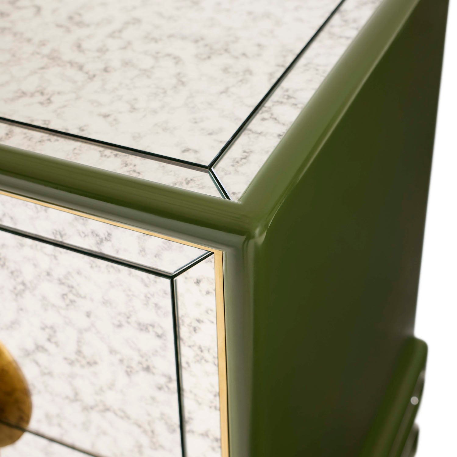 Overhead view of Jonathan Adler Baldwin Credenza in antiqued mirror and olive lacquer with brass