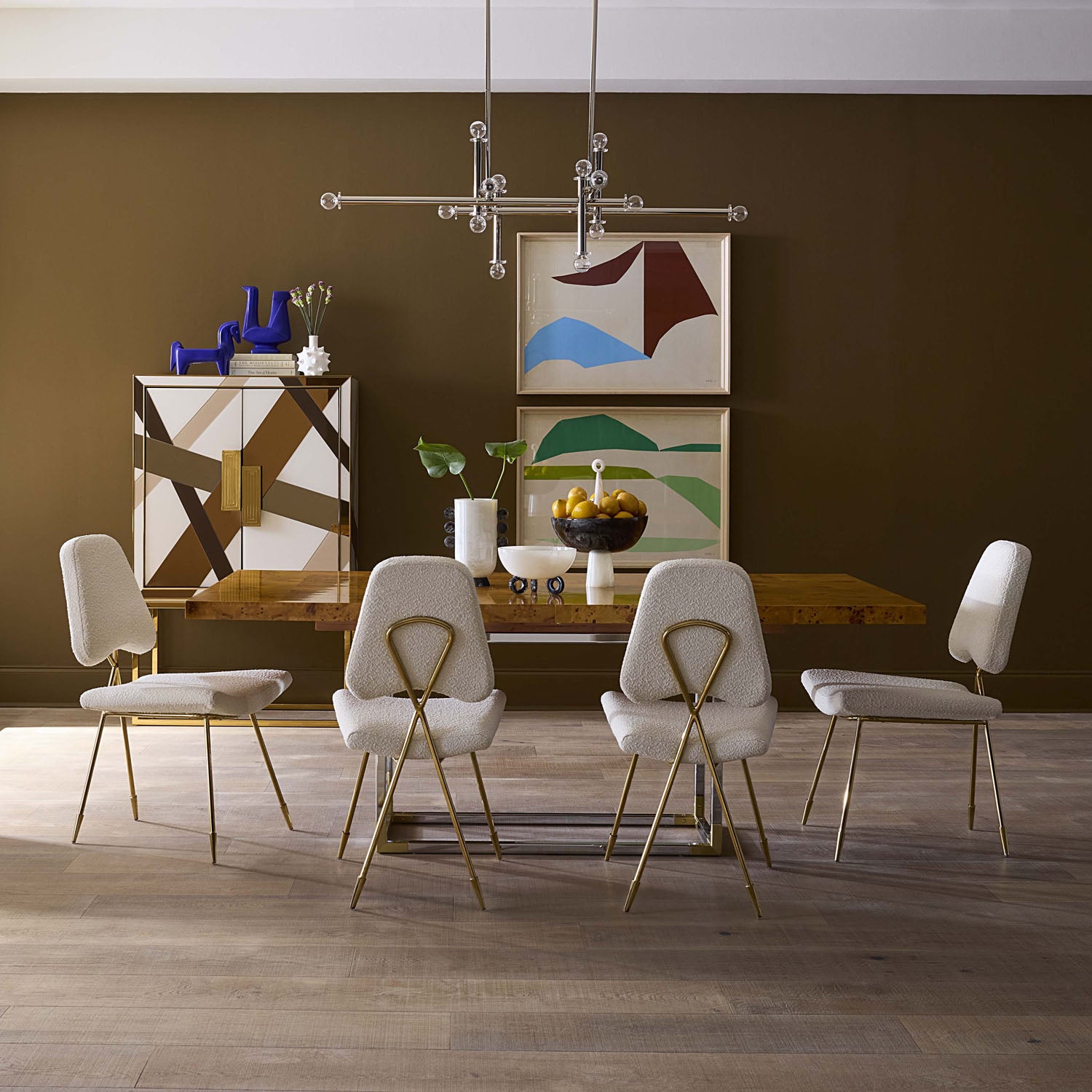 Jonathan Adler Maxime Dining Chair, detail of brass crisscross back