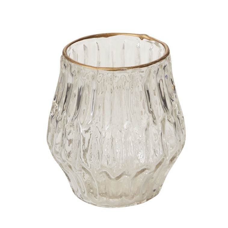 Katherine Votive Candle Holder Set of 4 styled view, gold-rimmed textured glass votive set of 4