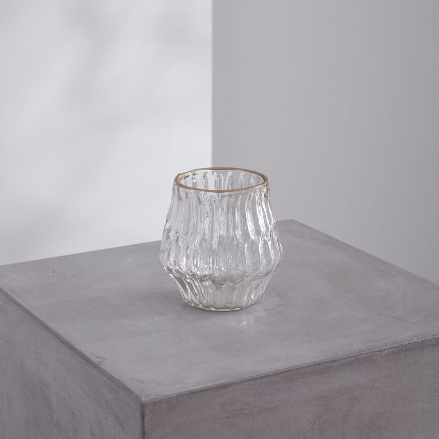Katherine Votive Candle Holder Set of 4 detail view, gold-rimmed textured glass votive set of 4