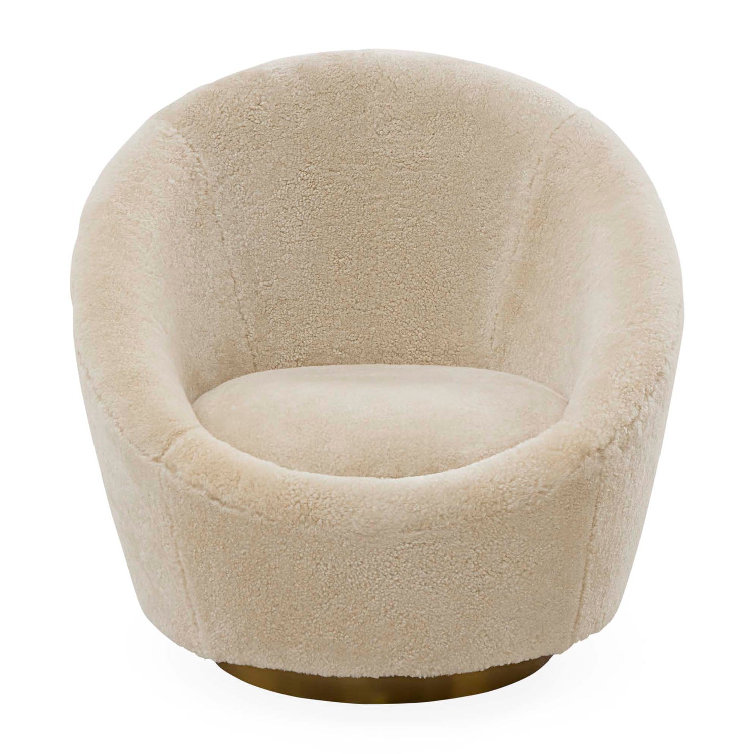 Jonathan Adler Ether Curly Sheepskin Swivel Chair on a brass base styled in a room
