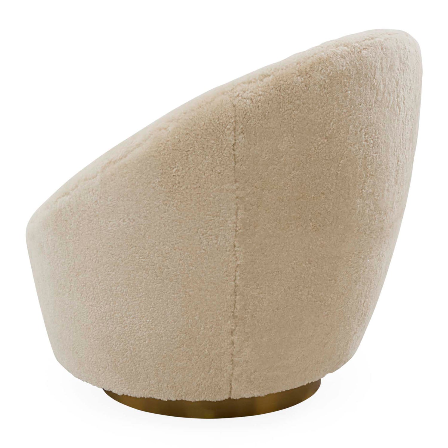 Side profile of Jonathan Adler Ether Curly Sheepskin Swivel Chair on a brass base