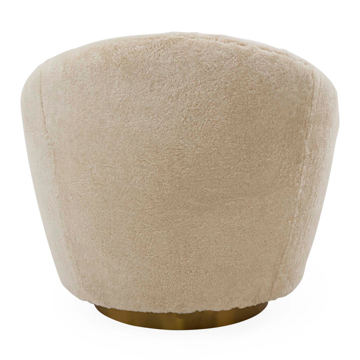 Jonathan Adler Ether Curly Sheepskin Swivel Chair on a brass base shown to scale in a styled setting
