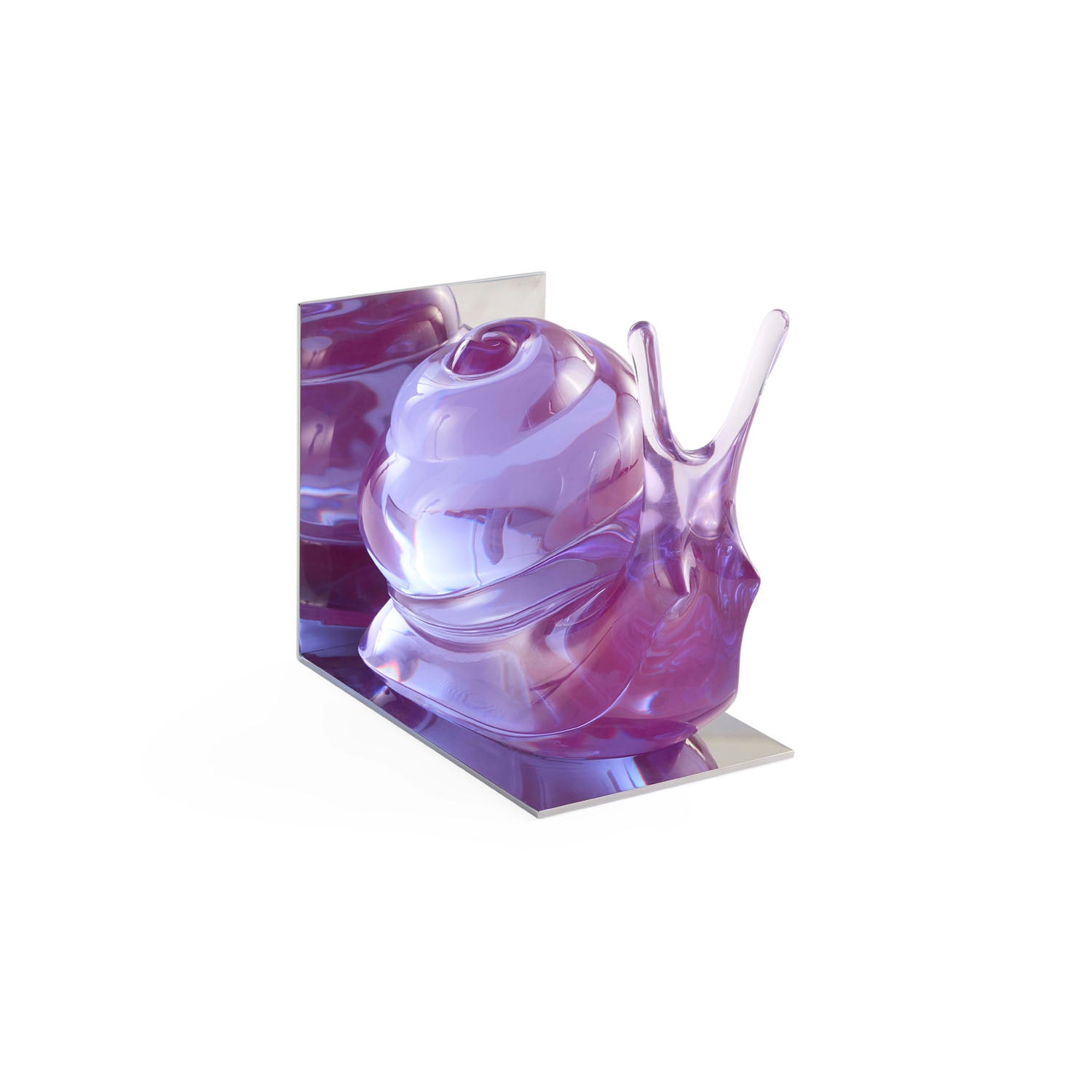 Jonathan Adler The Snail bookend set in purple acrylic with polished nickel bases styled in a room