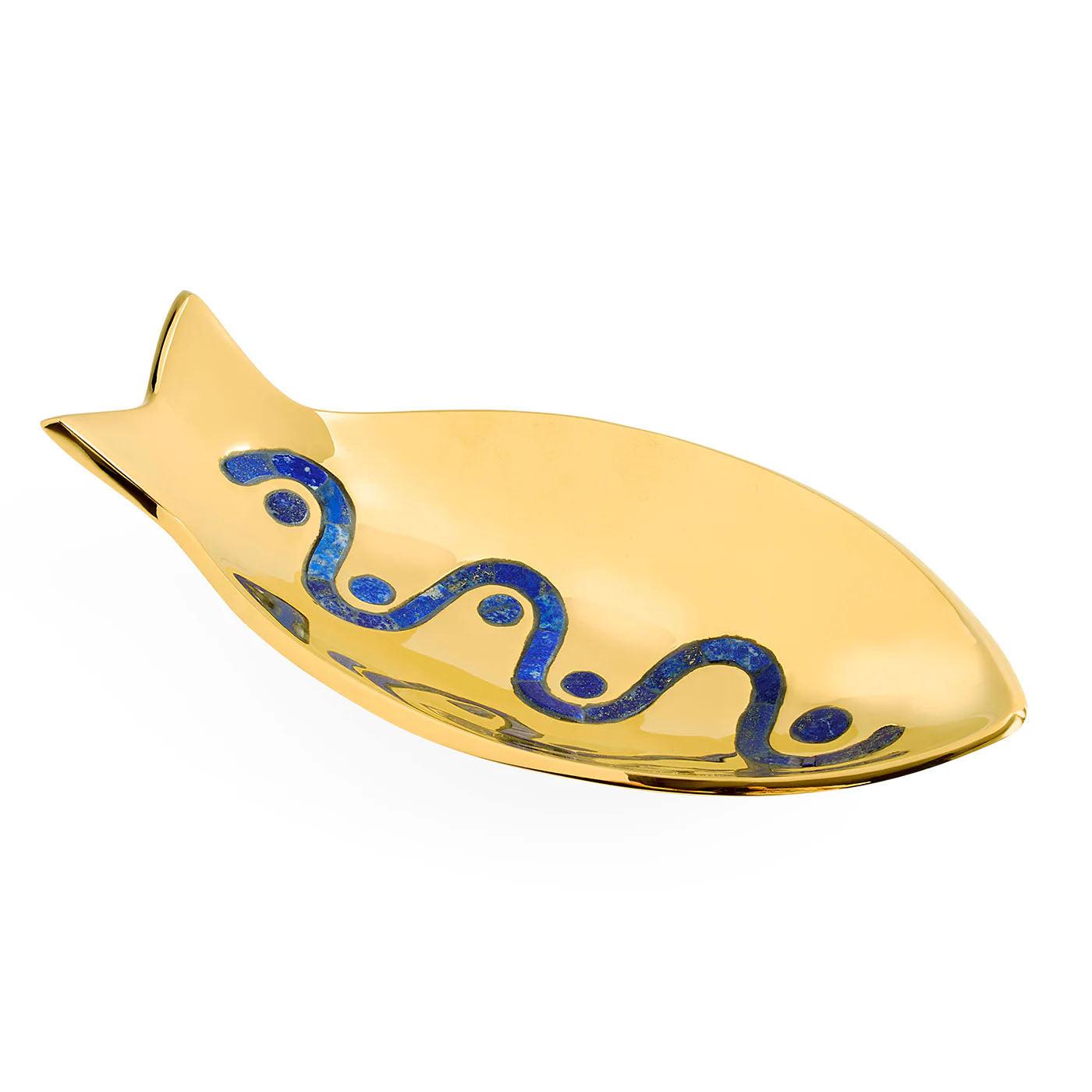 Close-up of lapis inlay on polished brass fish tray