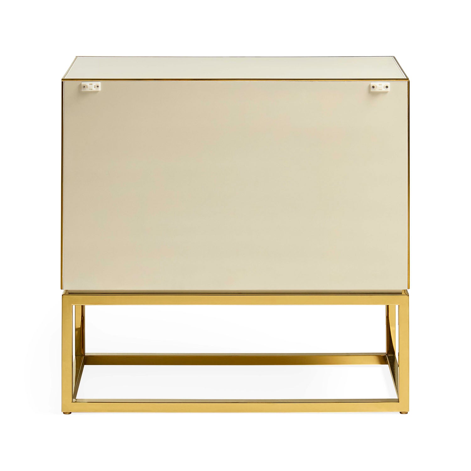 Jonathan Adler Overhead view of the Sorrento two-drawer console in blue back-painted glass with brass