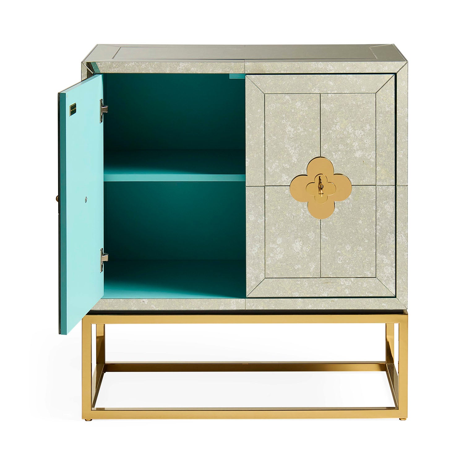 Jonathan Adler Delphine Cabinet in antiqued mirror on polished brass styled in a room